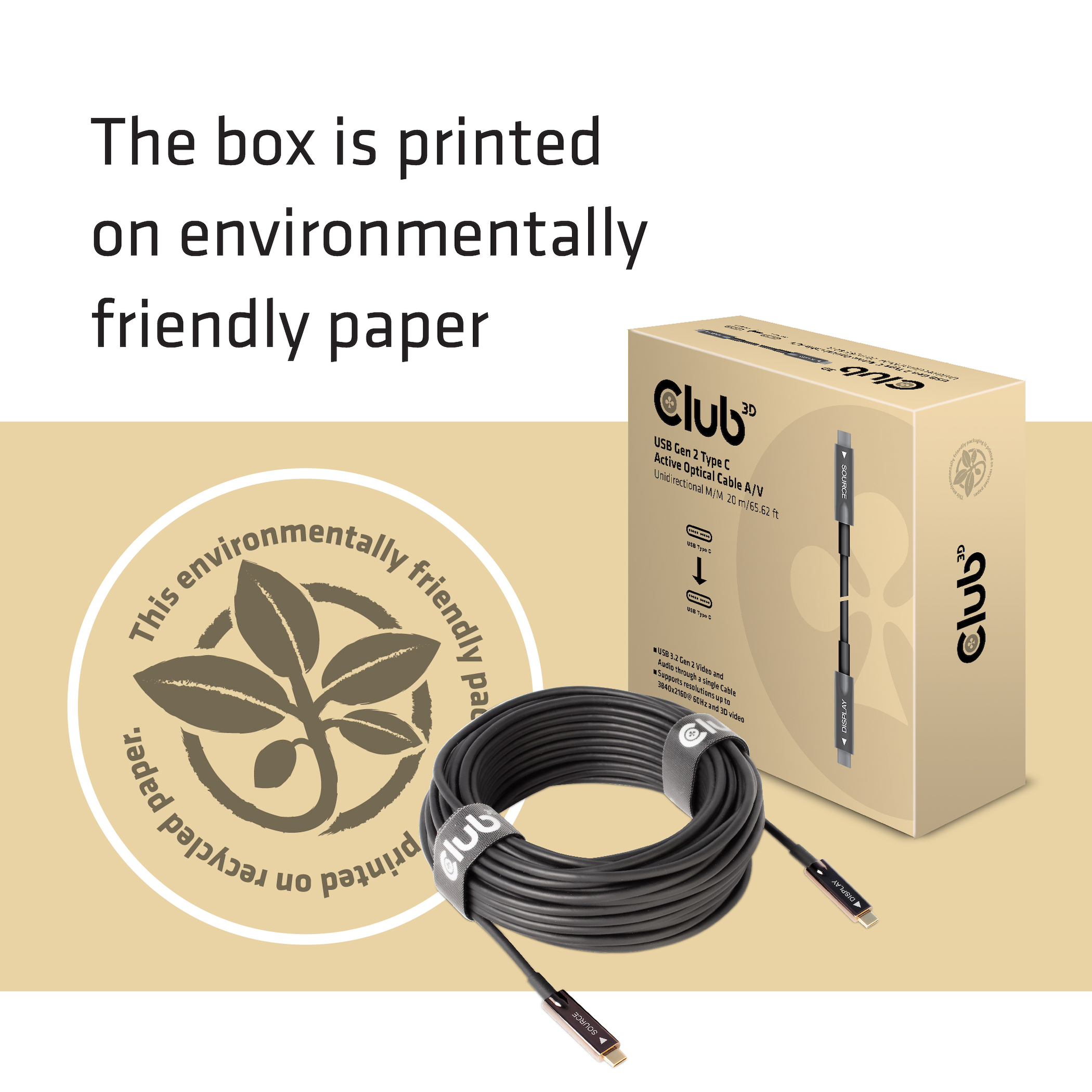 Cavo USB nero con una scatola. La scatola presenta diagrammi dei cavi e il logo Club 3D. Il testo dice carta riciclata.
