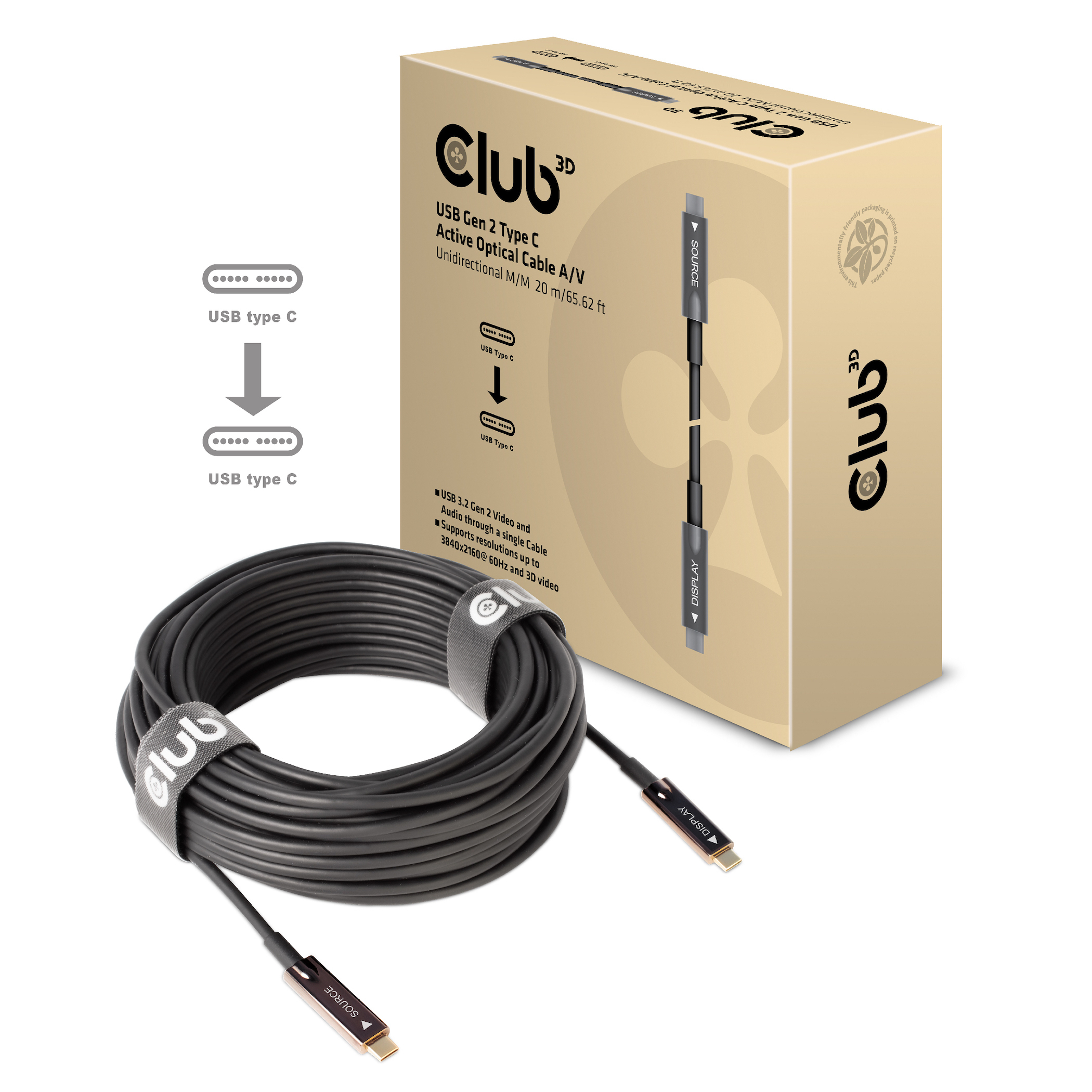 Cavo USB con scatola e diagramma Club 3D. Include connettori USB-C e cavo.