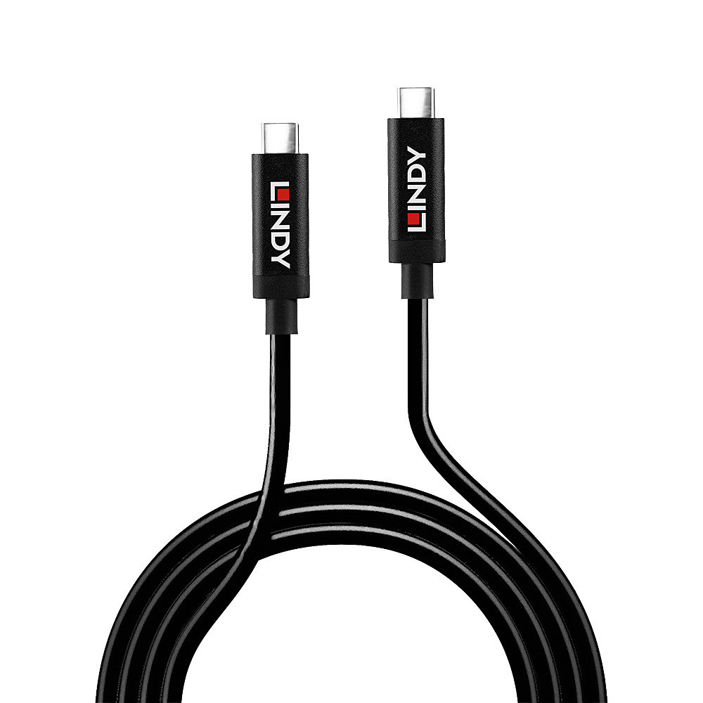 Cavo USB-C nero con marchio "LINDY" sui connettori, su sfondo bianco.
