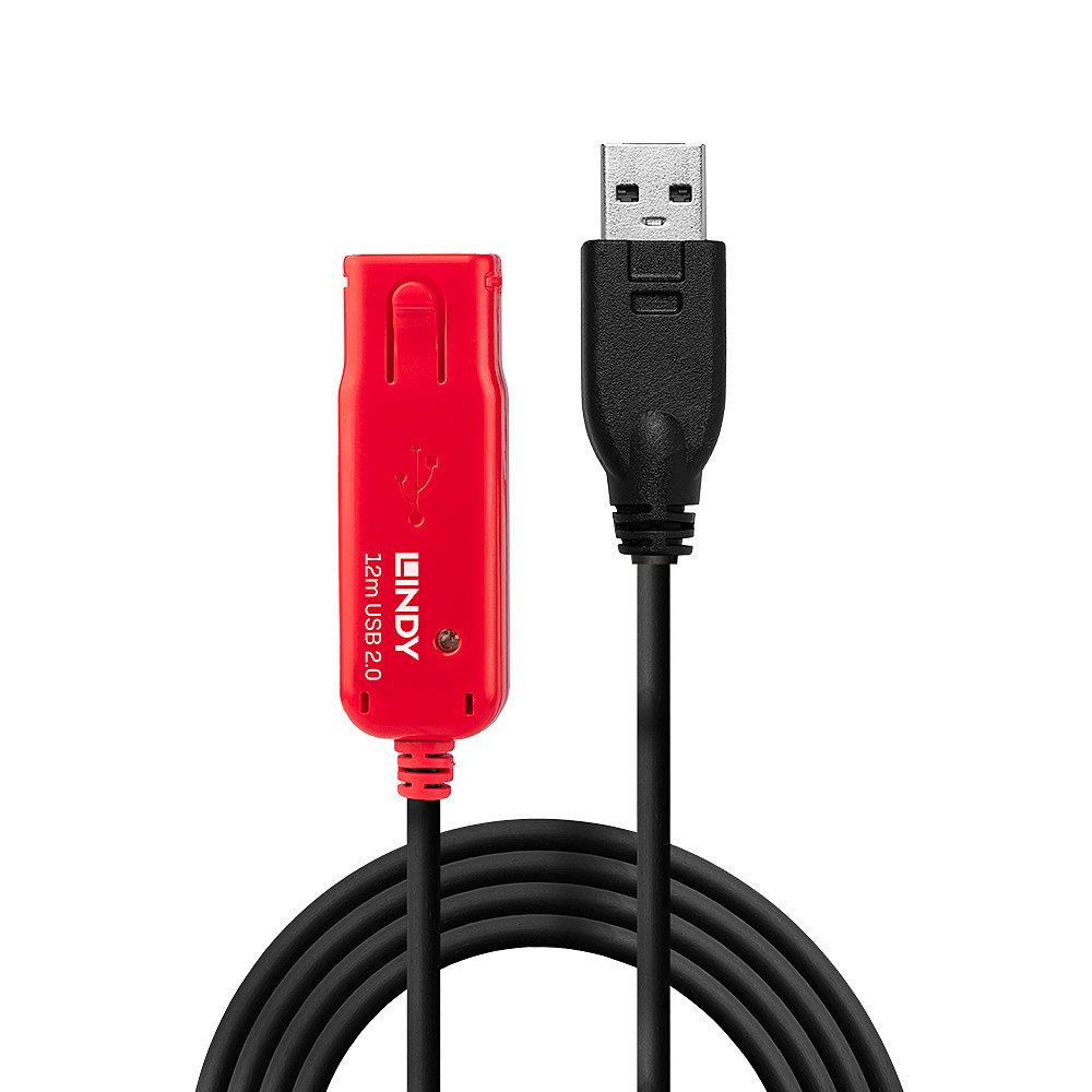 Cavo di prolunga Lindy USB 2.0 rosso con connettori USB-A. Il cavo è nero, il connettore rosso.