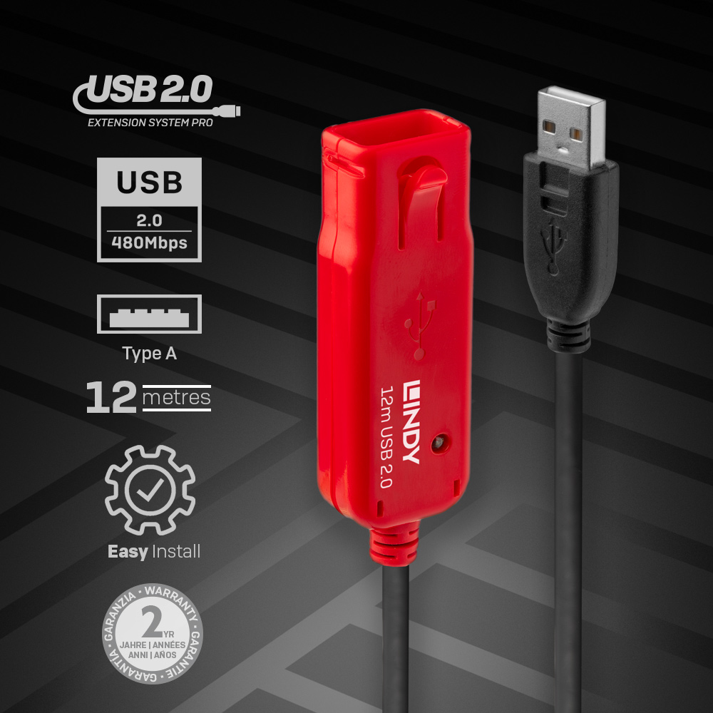 Cavo di prolunga USB rosso con connettore nero e icone. Sfondo bianco con icone.