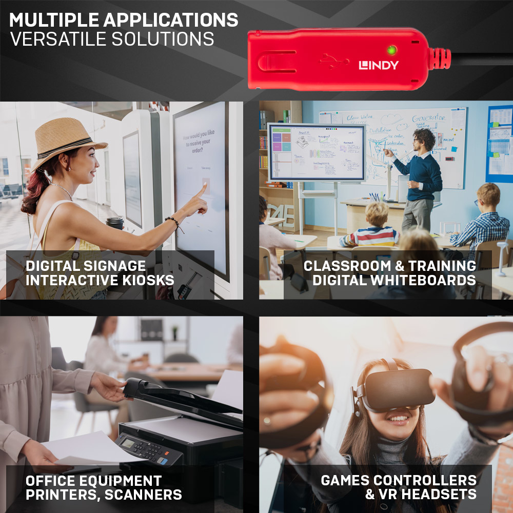 Collage di immagini che mostra segnaletica digitale, formazione in classe, attrezzature per ufficio e visori VR.