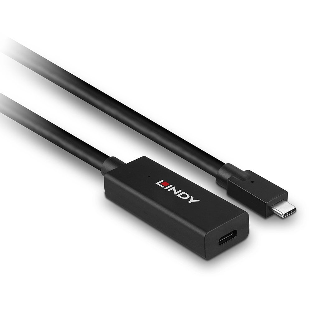 Cavo USB-C nero con adattatore LINDY su sfondo bianco.