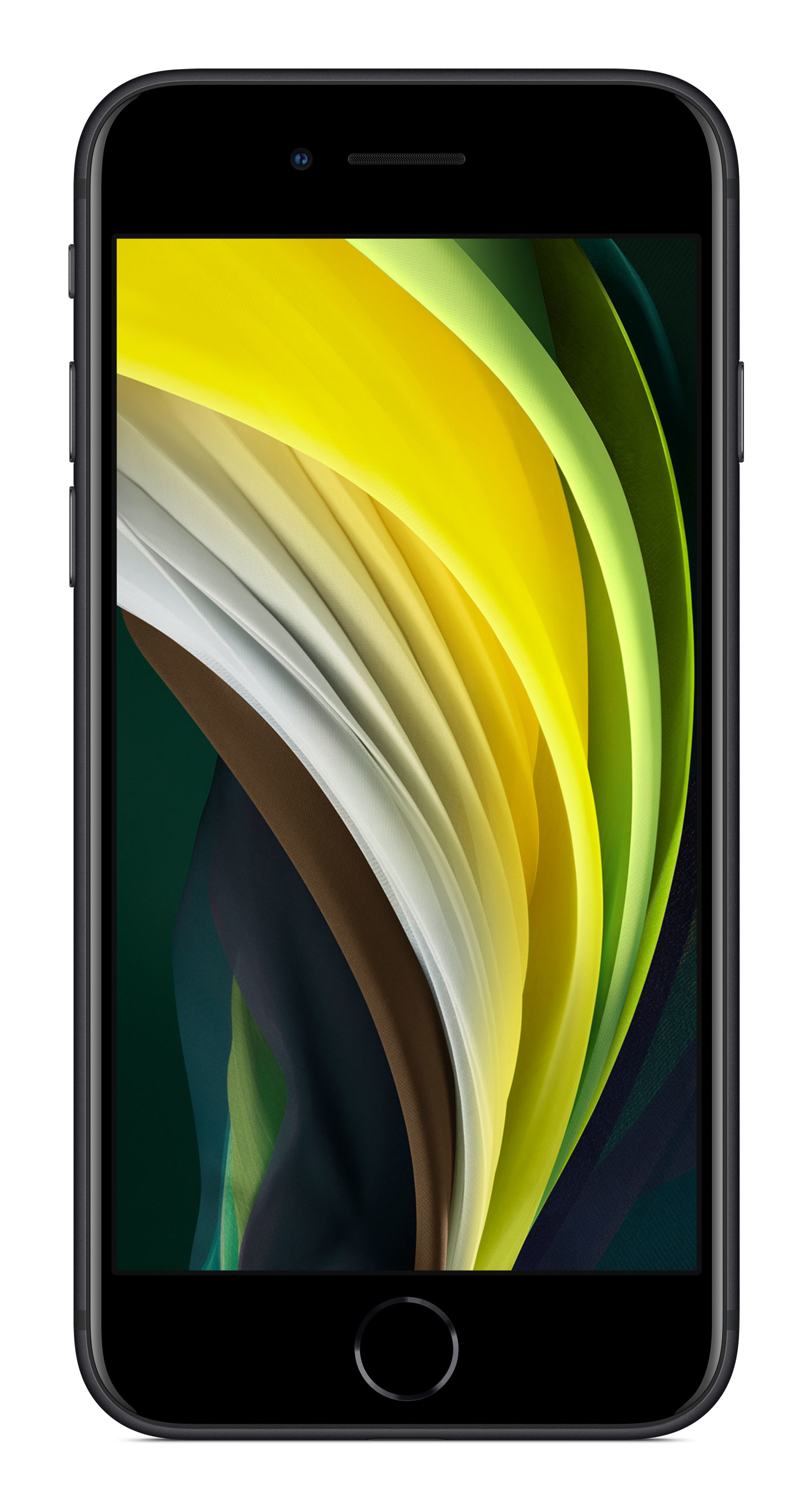 Czarny iPhone SE z żółtym, zielonym i brązowym wzorem tła na ekranie.