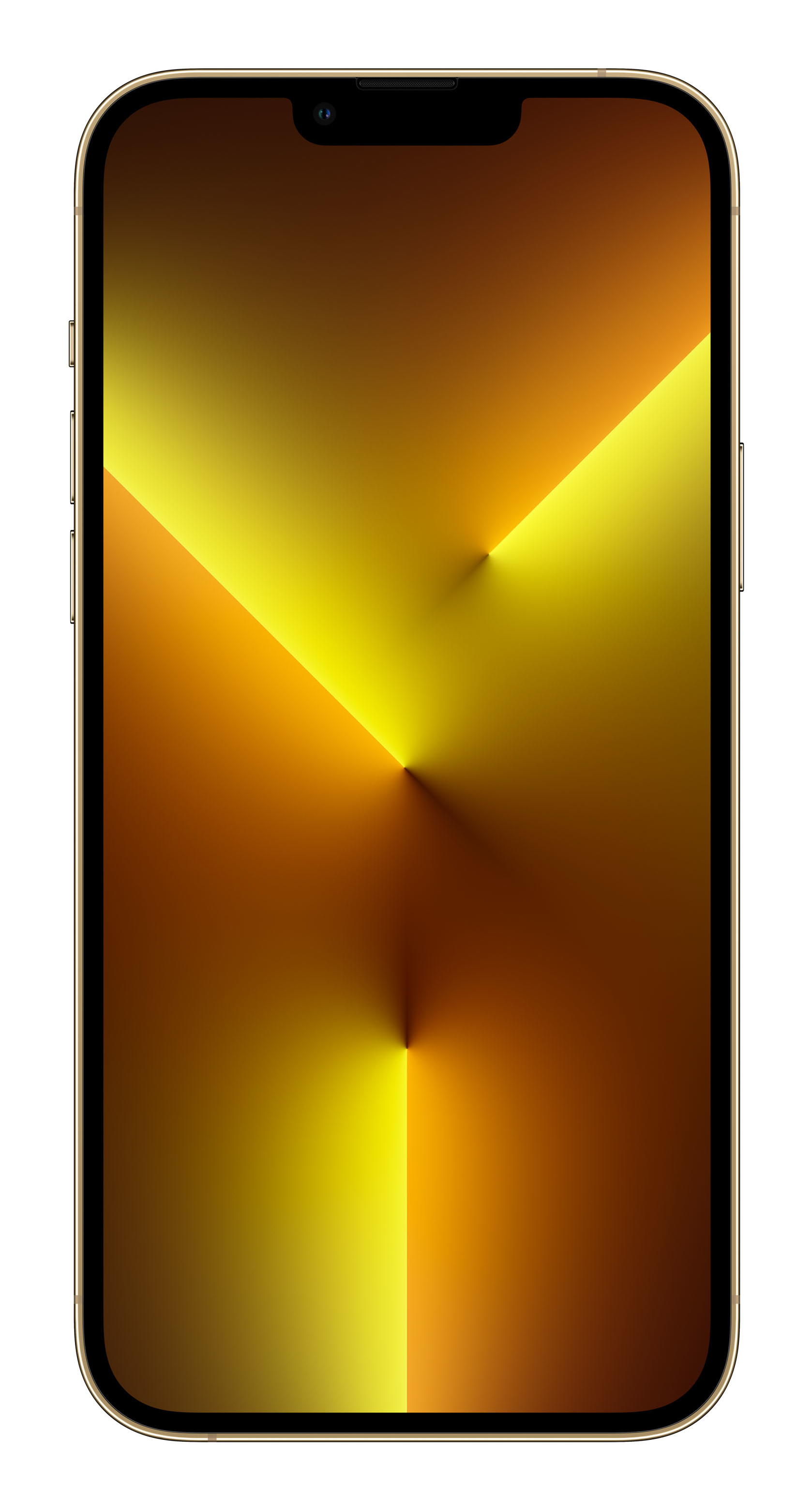 Złoty smartfon wyświetla kolorowy obraz abstrakcyjny. Przedni aparat jest widoczny u góry.