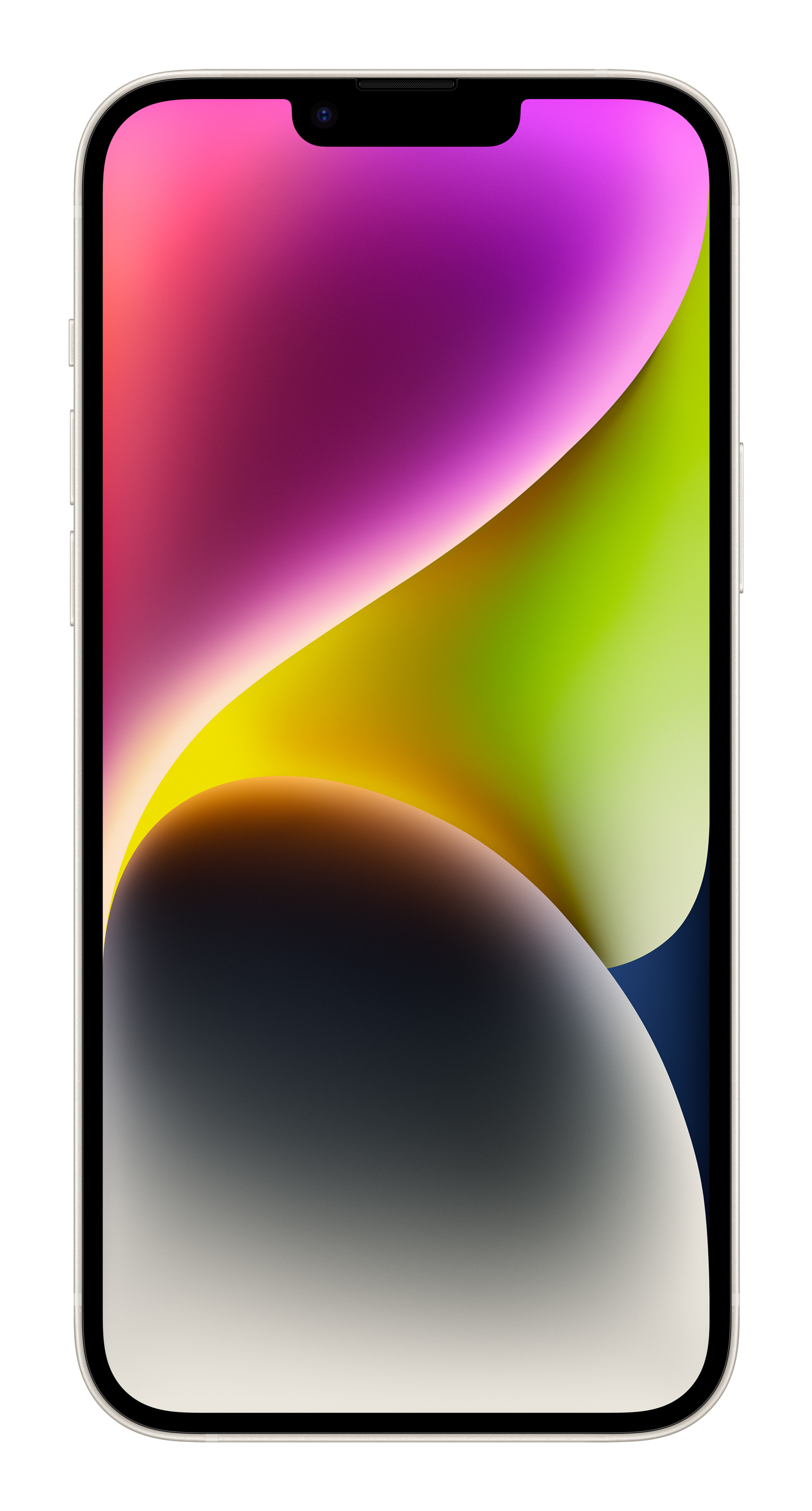 Smartfon z kolorową, abstrakcyjną tapetą na ekranie, otoczony białą ramką.