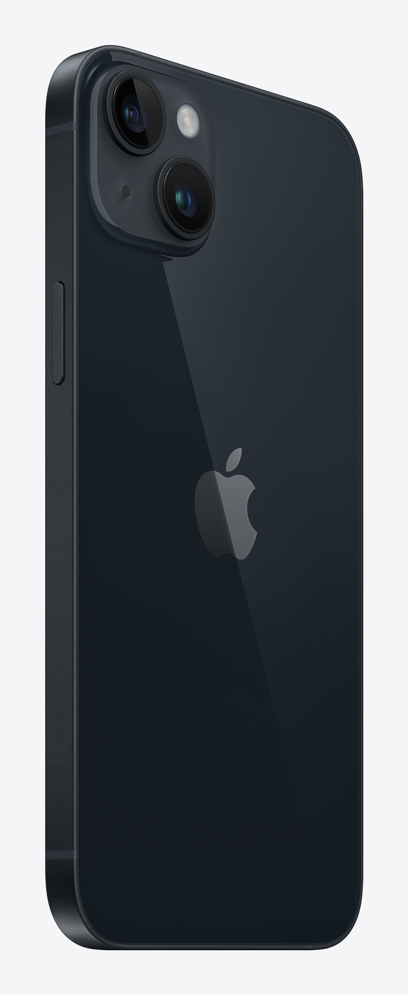 Czarny iPhone 14 z boku z logo Apple. Podwójny aparat. Białe tło.