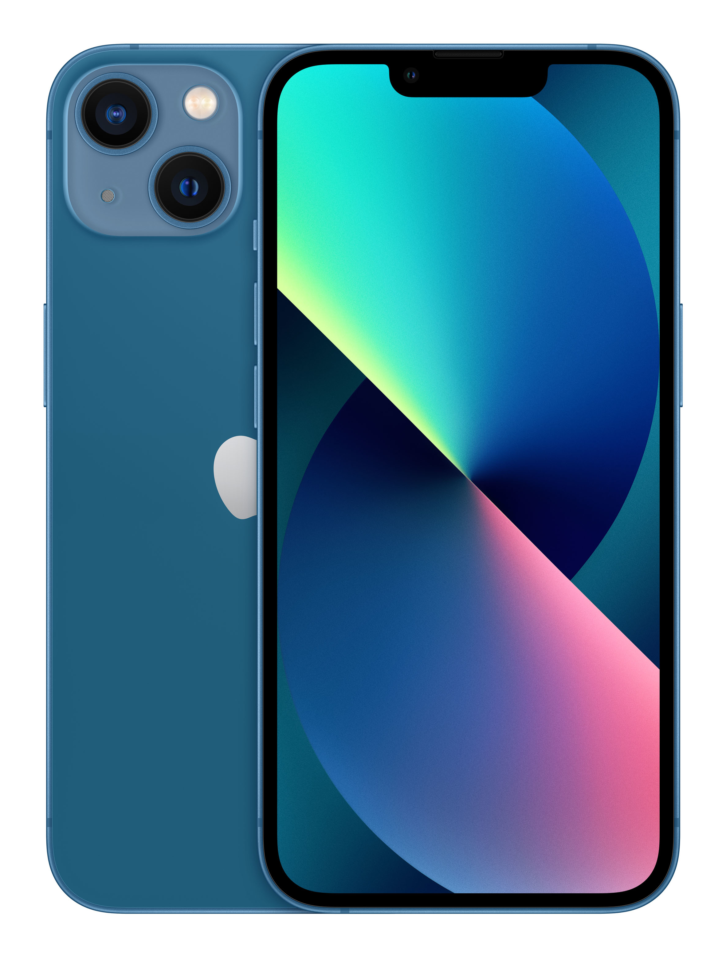 Niebieski smartfon z trzema tylnymi kamerami jest pochylony w prawo. Ekran wyświetla niebiesko-różowy gradient.