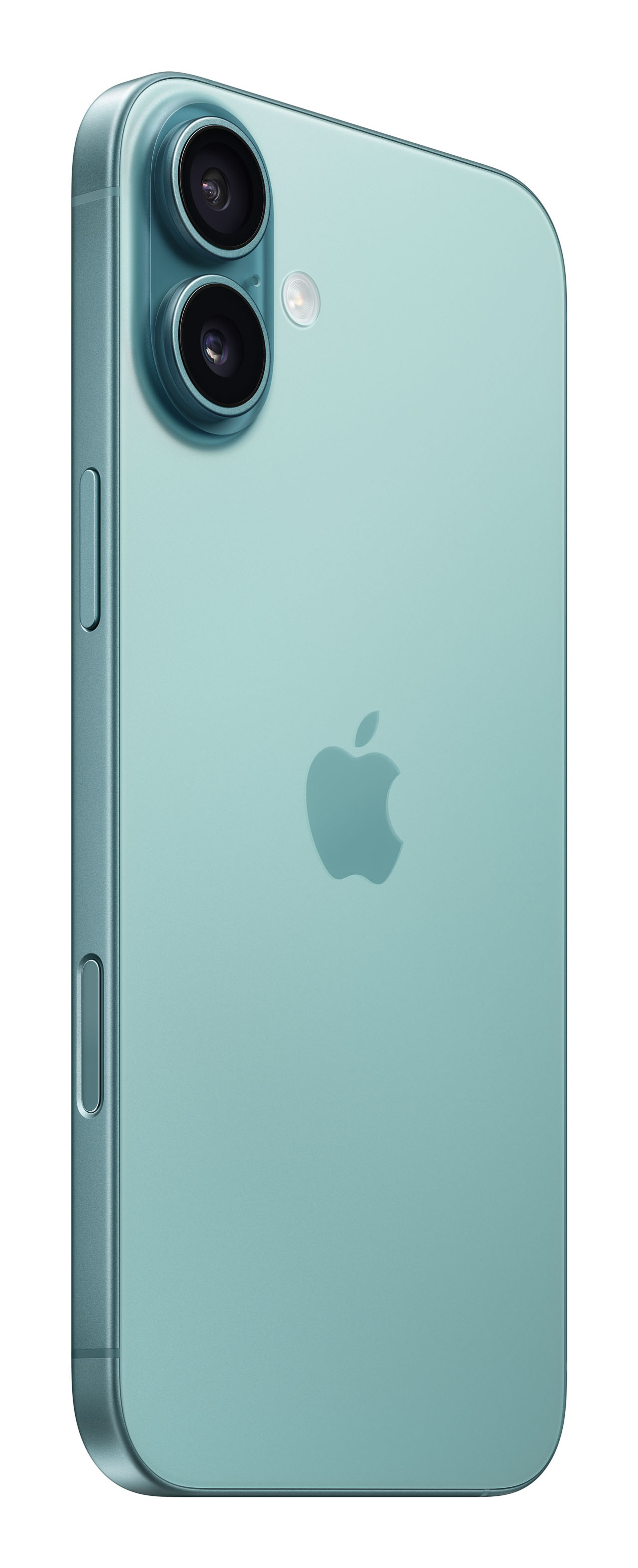 Turkusowy smartfon z podwójnym obiektywem i logo Apple. Telefon jest pod kątem.