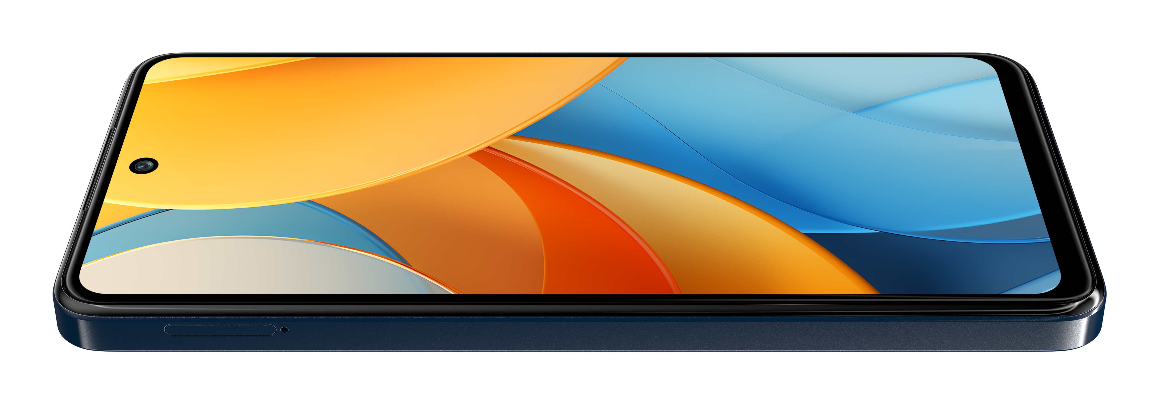 Czarny telefon, ekran z kolorowym tłem, widok z boku.