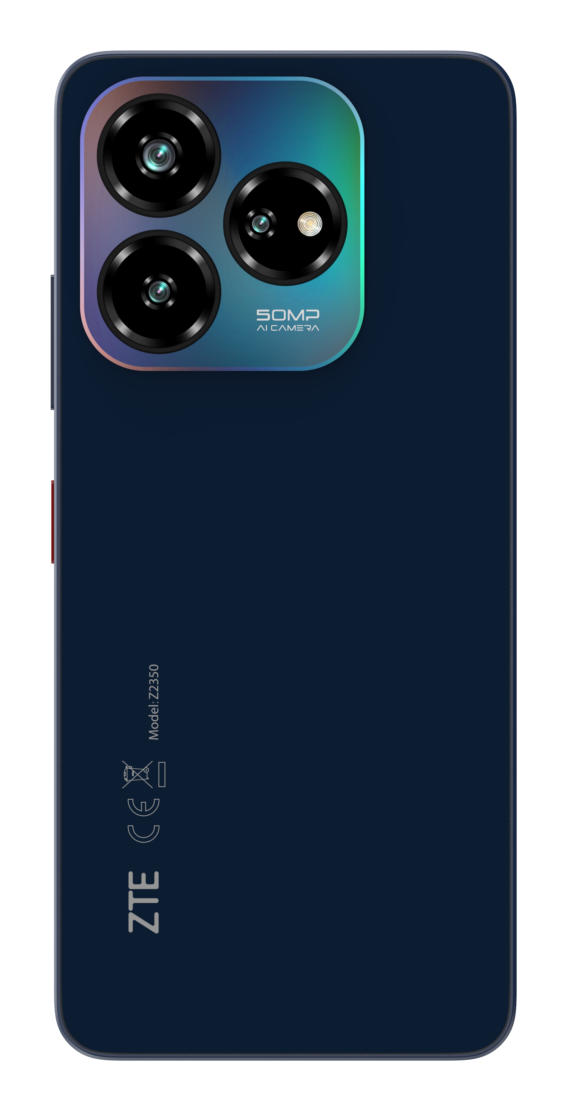 Tył ciemnoniebieskiego telefonu ZTE z trzema aparatami. Telefon ma srebrny pierścień wokół aparatów.