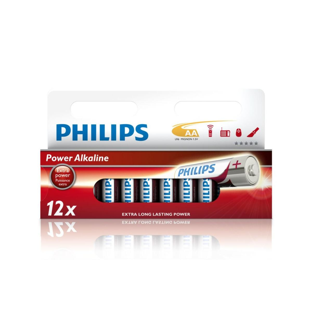 Opakowanie 12 baterii alkalicznych Philips AA, ze szczegółami produktu.