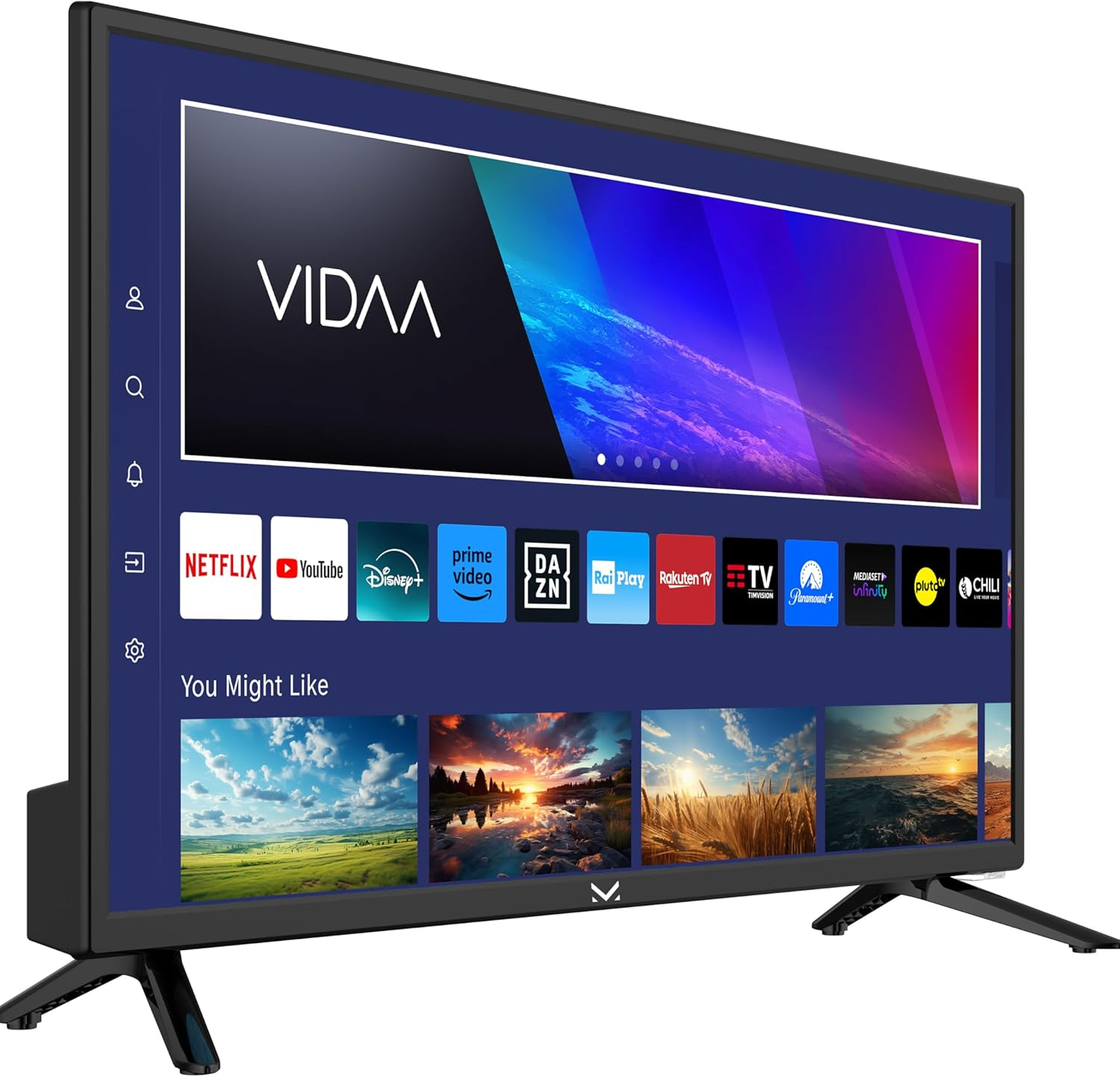 Un televisore a schermo piatto con il logo VIDA e le icone delle app.