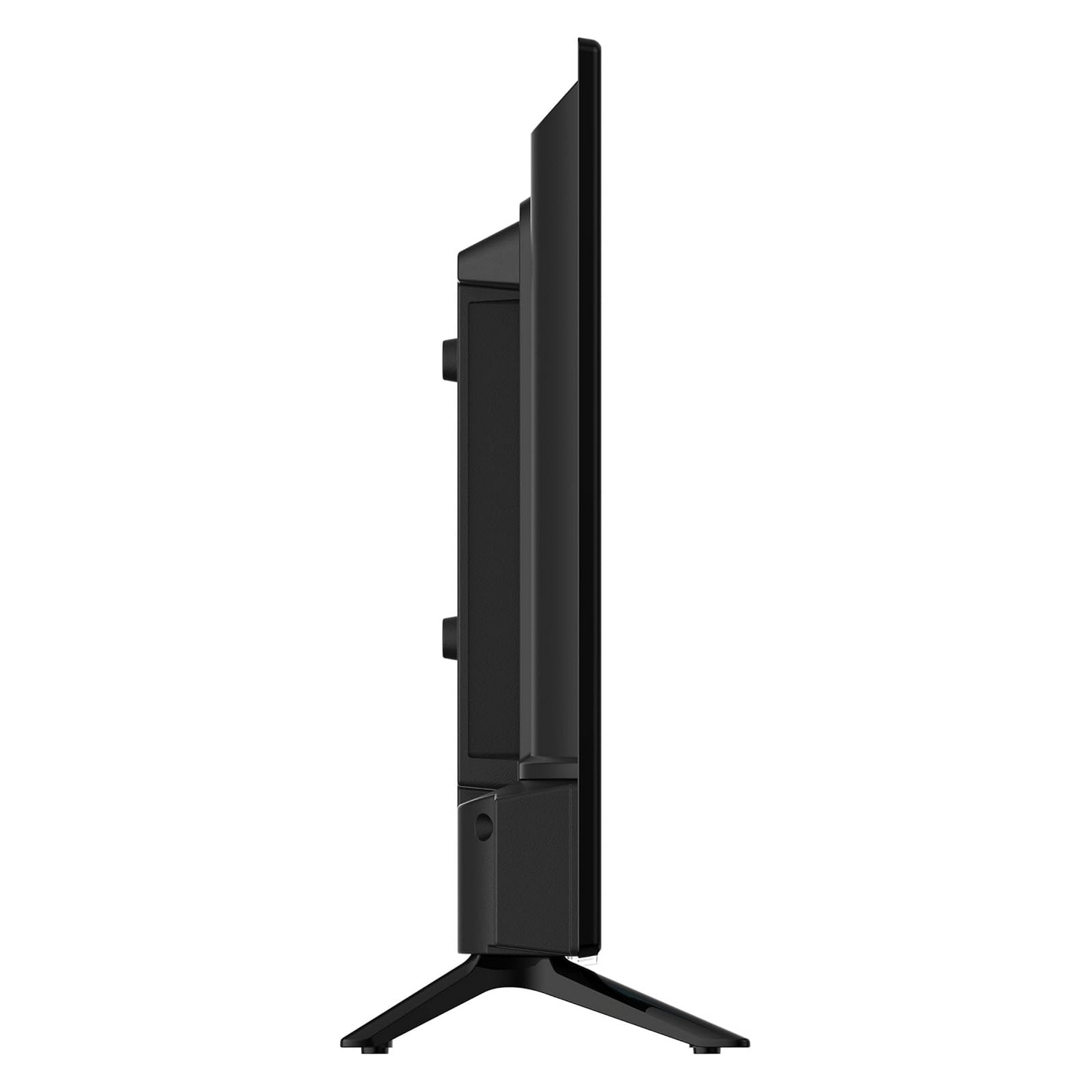 TV nero, vista laterale, su supporto nero. Ha un design sottile.