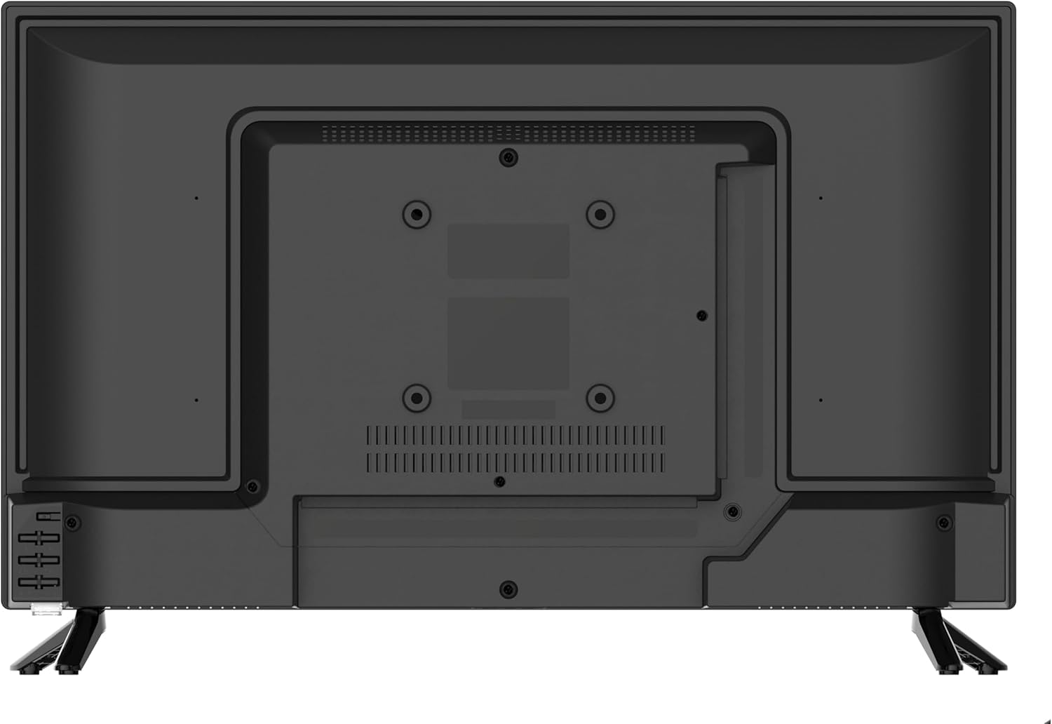 Retro di uno schermo TV nero con fori di montaggio e supporto. Ha un design rettangolare.