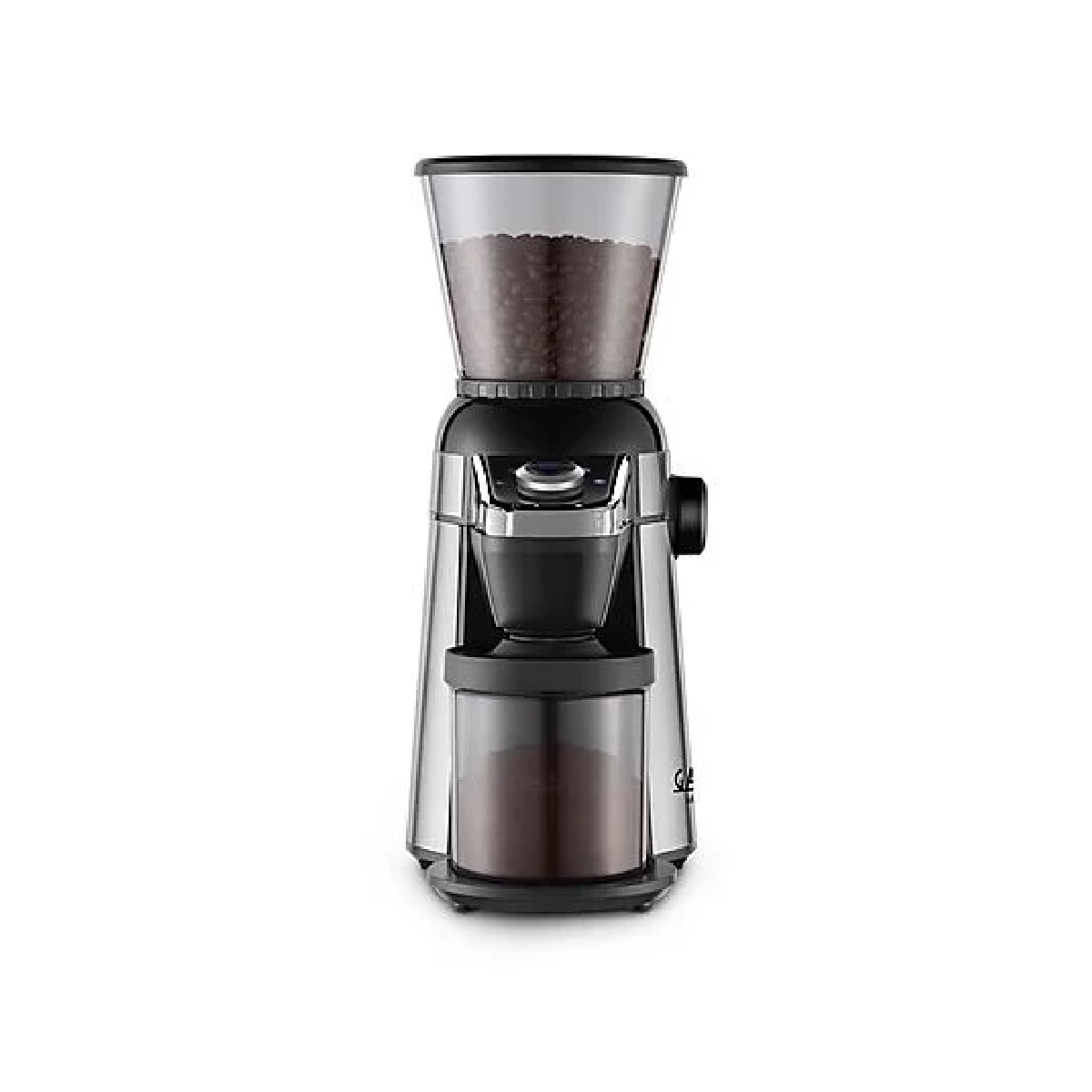 Eine Kaffeemühle mit transparentem Trichter und Edelstahlgehäuse.