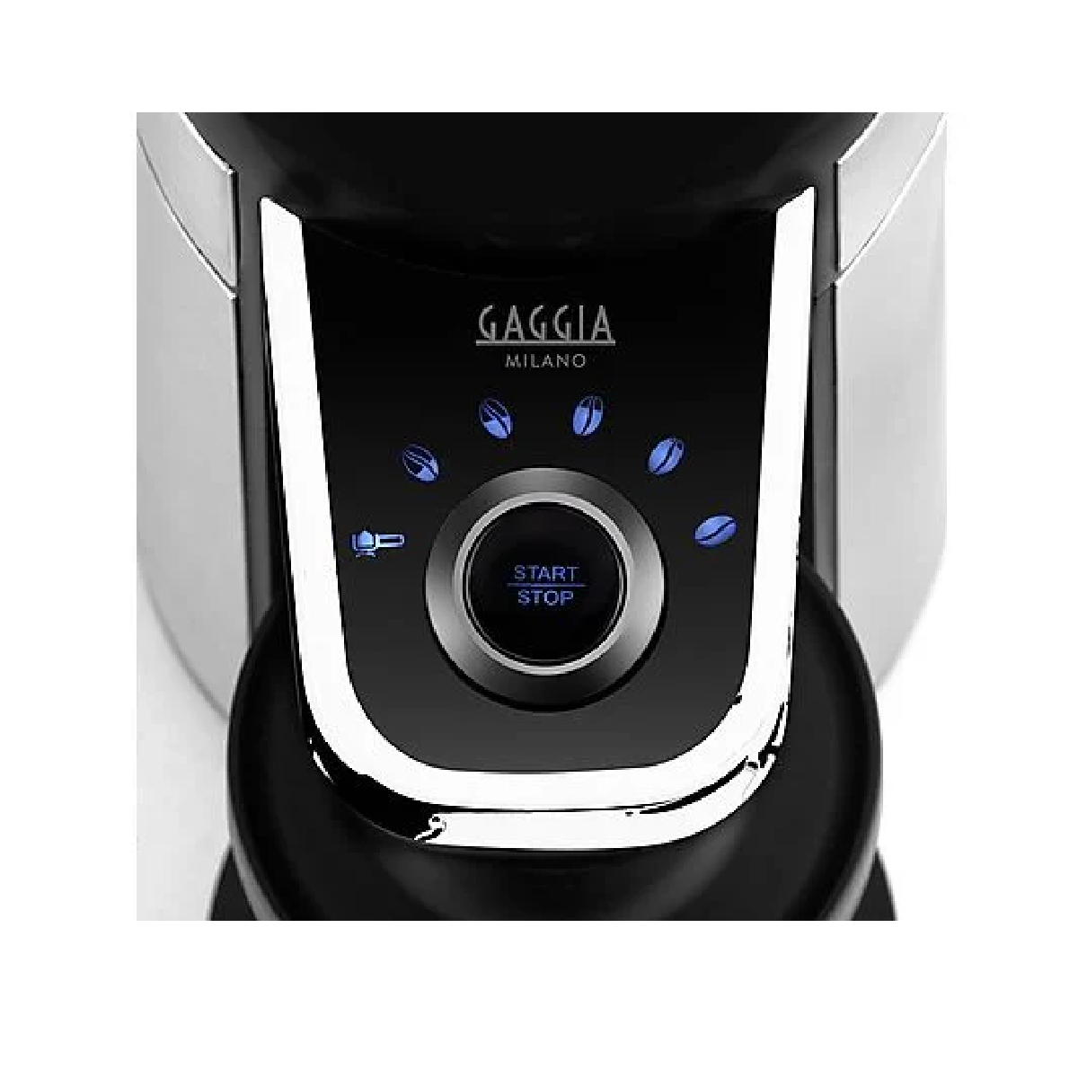 Gaggia Milano Espressomaschine. Schwarz-silbernes Design mit Start/Stopp-Taste und blauen Lichtern.