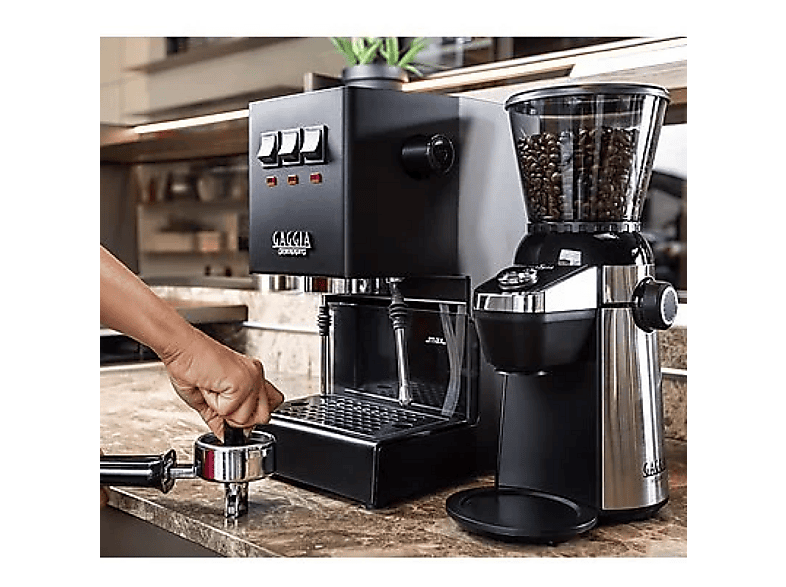 Gaggia RI8123/01 MD15 koffiemolen, korrel met conische maalwerken van roestvrij staal, behuizing met stalen coating, 15 maalopties en digitale timer, kleur zwart/roestvrij staal