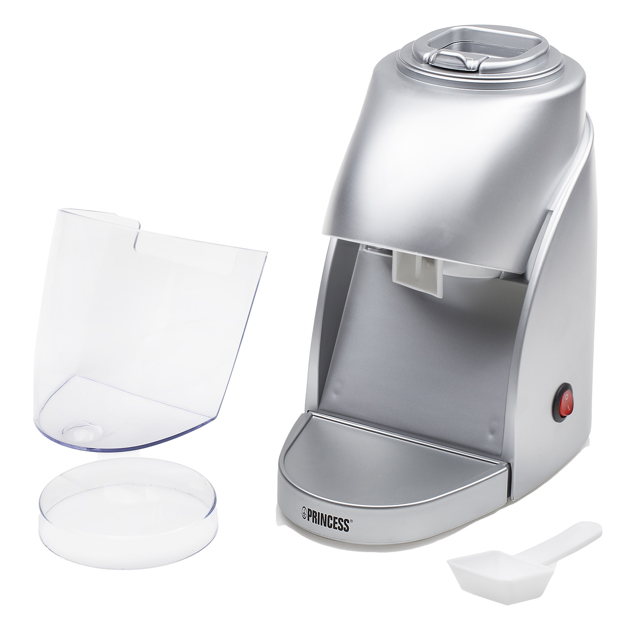 Silberne Princess Eismaschine mit einem durchsichtigen Kunststoffbehälter und einem weißen Löffel.