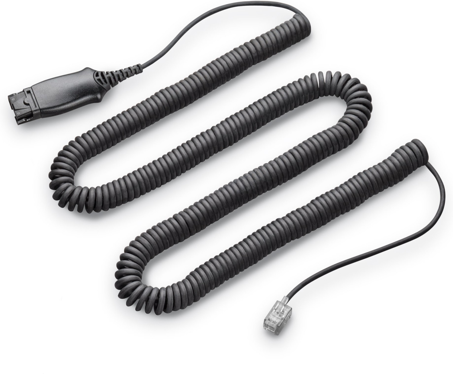 Cavo telefonico nero a spirale con un connettore a un'estremità, sfondo bianco.