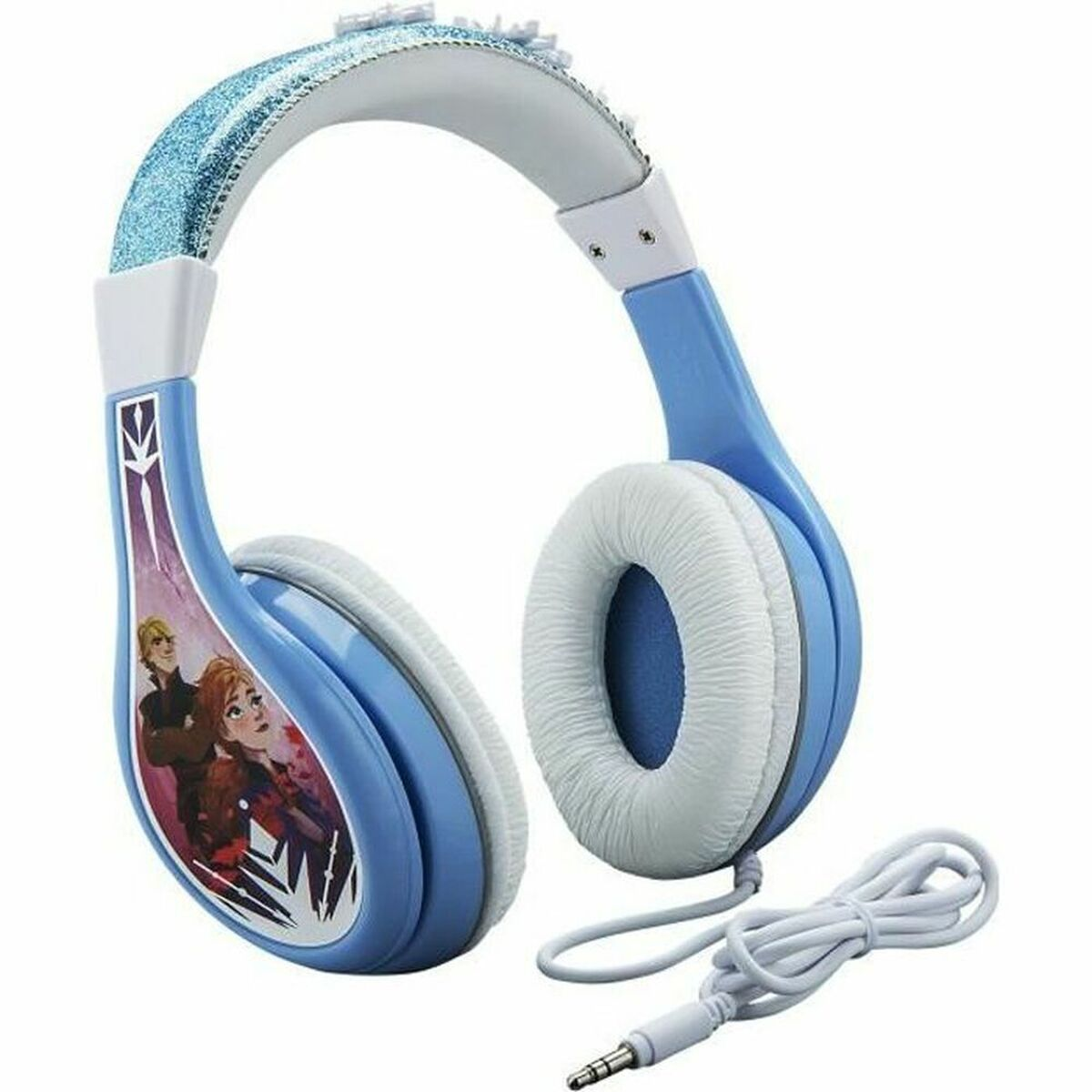 Cuffie Frozen blu e bianche con cavo e jack. La fascia è glitterata e i padiglioni bianchi.