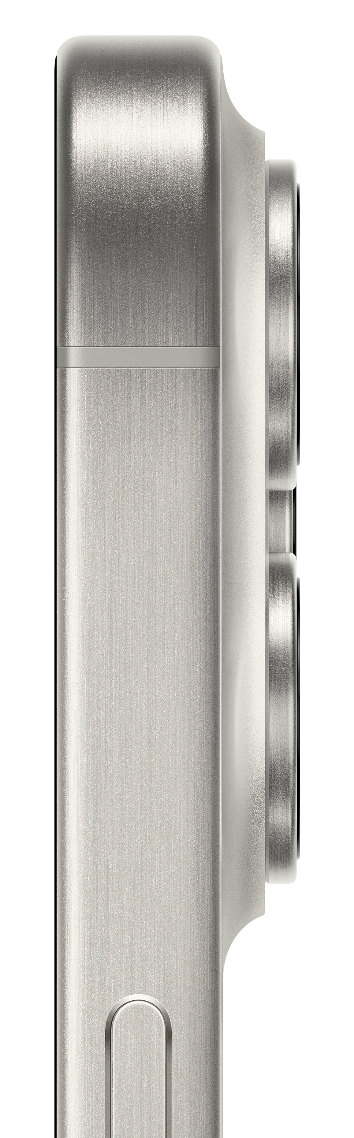 Widok z boku srebrnego telefonu, pokazujący obiektywy aparatu i szczotkowane metalowe wykończenie.