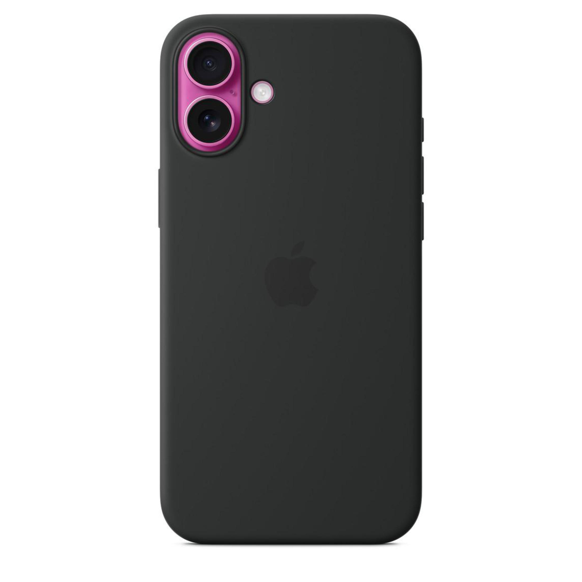 Czarne etui na iPhone'a z różowymi detalami aparatu, z logo Apple, na białym tle.