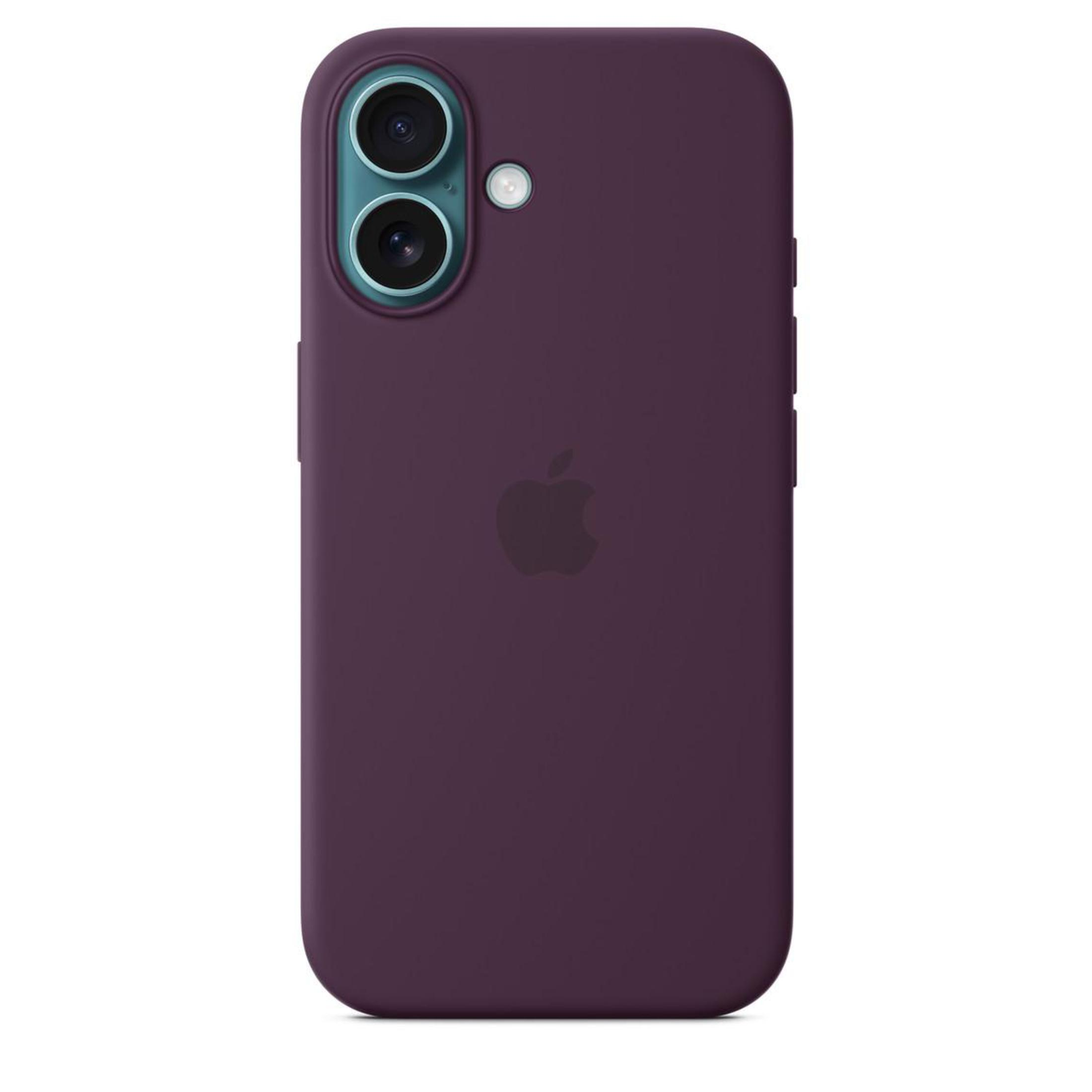 Una custodia per telefono viola con fotocamera e logo Apple. La custodia è semplice con due fotocamere.