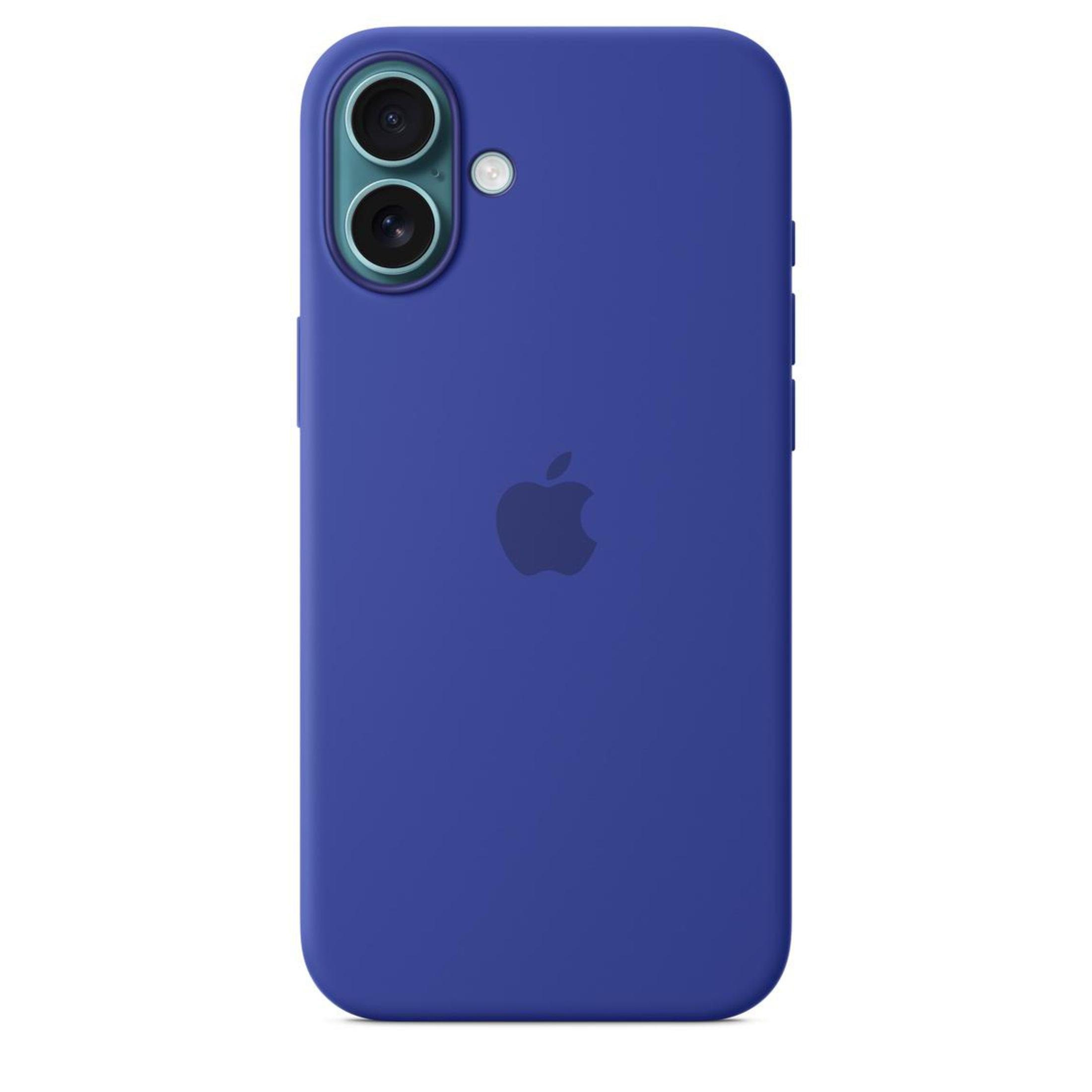 Coque de téléphone bleue avec logo Apple et objectifs.