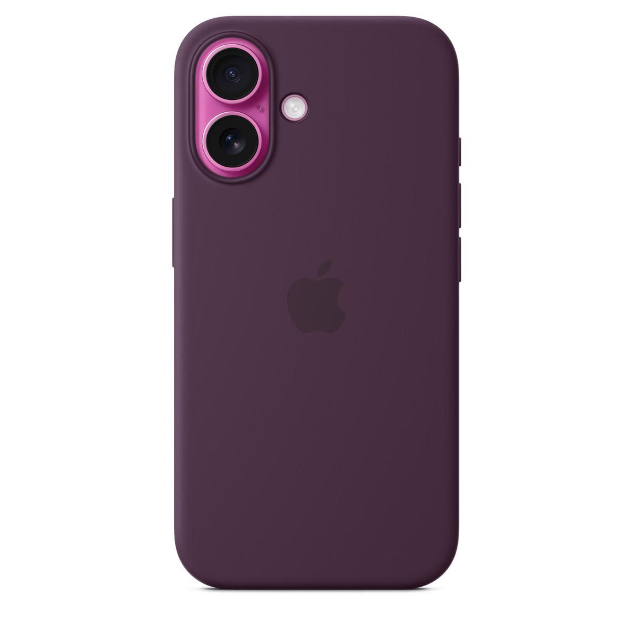 Una custodia viola con due fotocamere e un logo Apple. La custodia è su uno sfondo bianco.