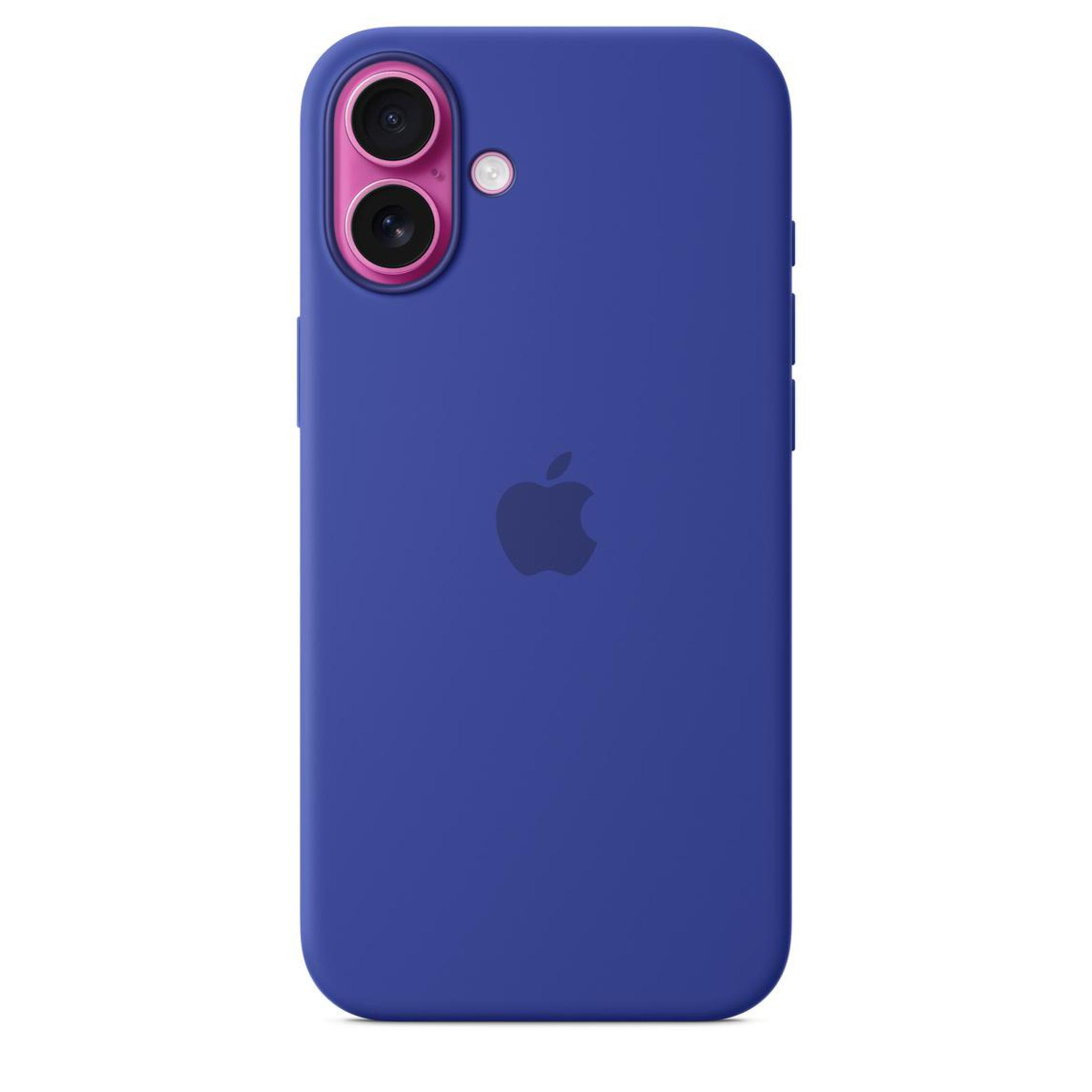 Coque de téléphone bleue avec anneau de caméra rose et logo Apple. S'adapte parfaitement.