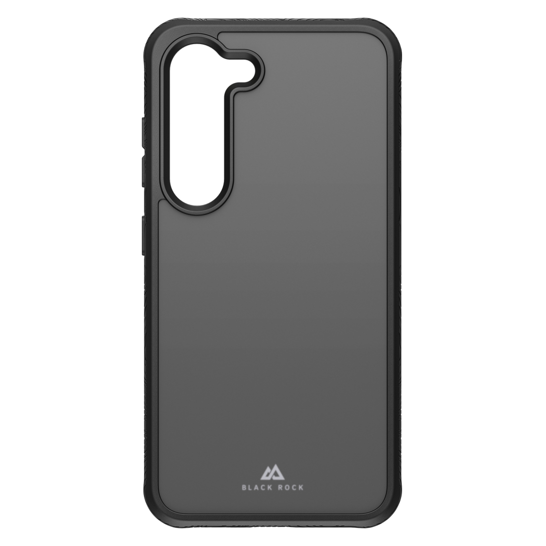 Una custodia nera per telefono con cornice grigia e logo Black Rock su sfondo bianco.