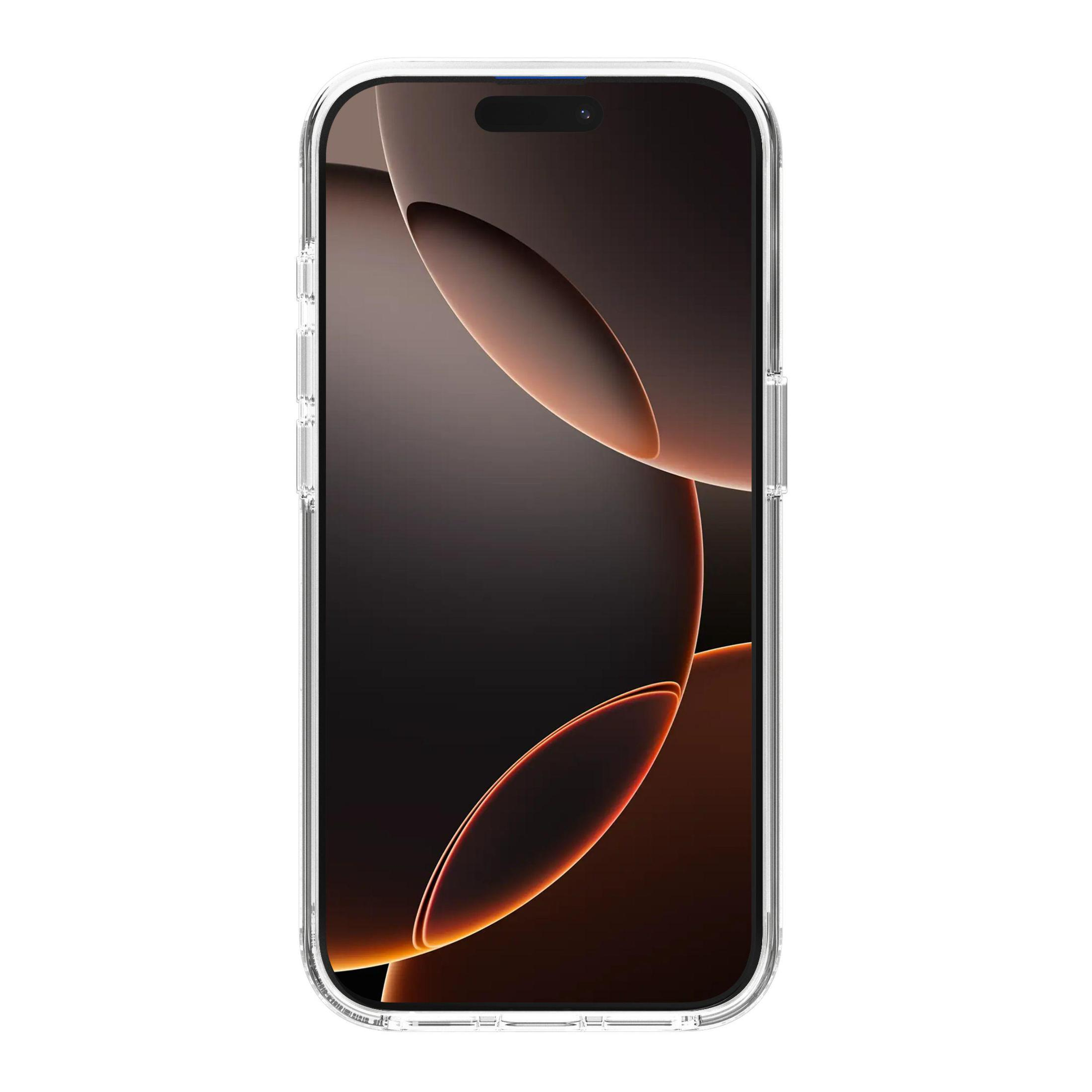 iPhone dans une coque transparente, montrant l'arrière avec un fond sombre.