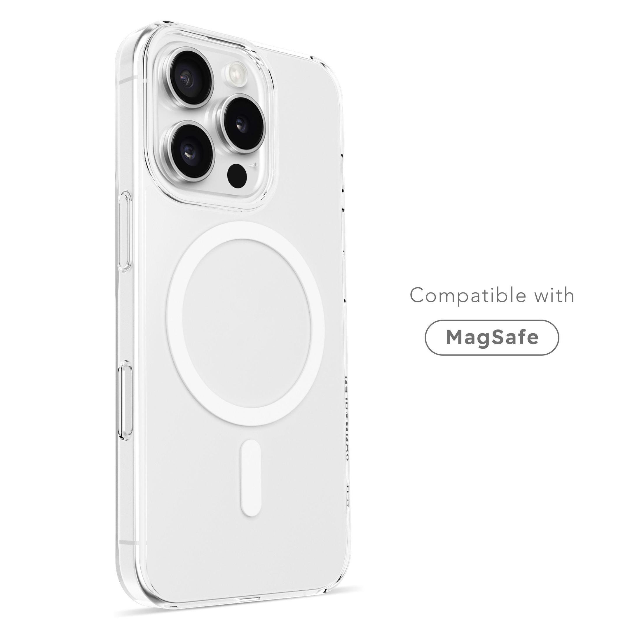 iPhone dans une coque transparente, montrant l'arrière avec cercle MagSafe et texte.