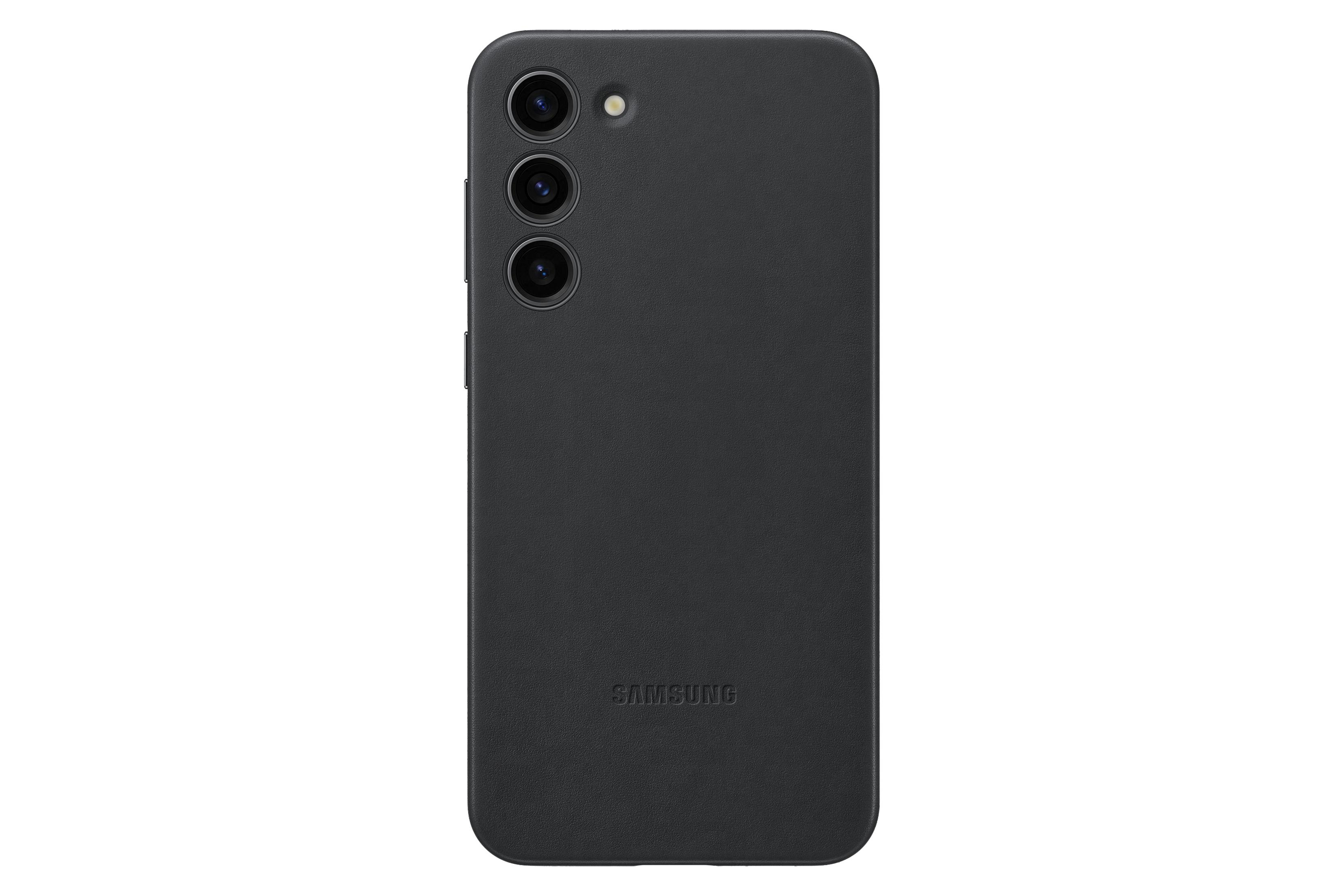 Una custodia nera per un telefono Samsung, che mostra il retro con tre fotocamere.