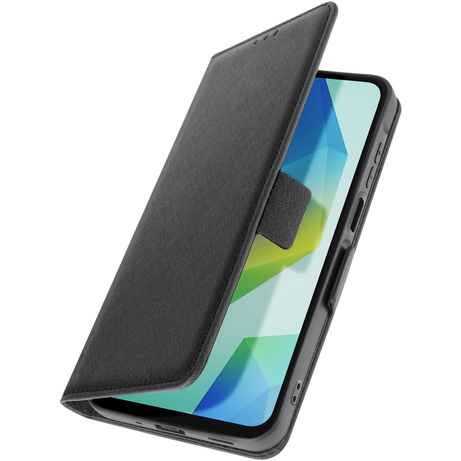 Schwarze Handyhülle offen. Handybildschirm zeigt ein Low-Poly-Design. Innen schwarz.