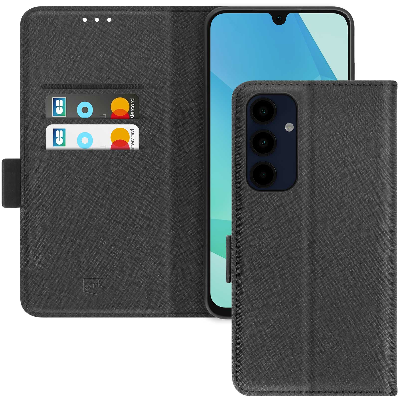 Schwarze Handyhülle im Brieftaschendesign, Kreditkarten in den Fächern auf weißem Grund.