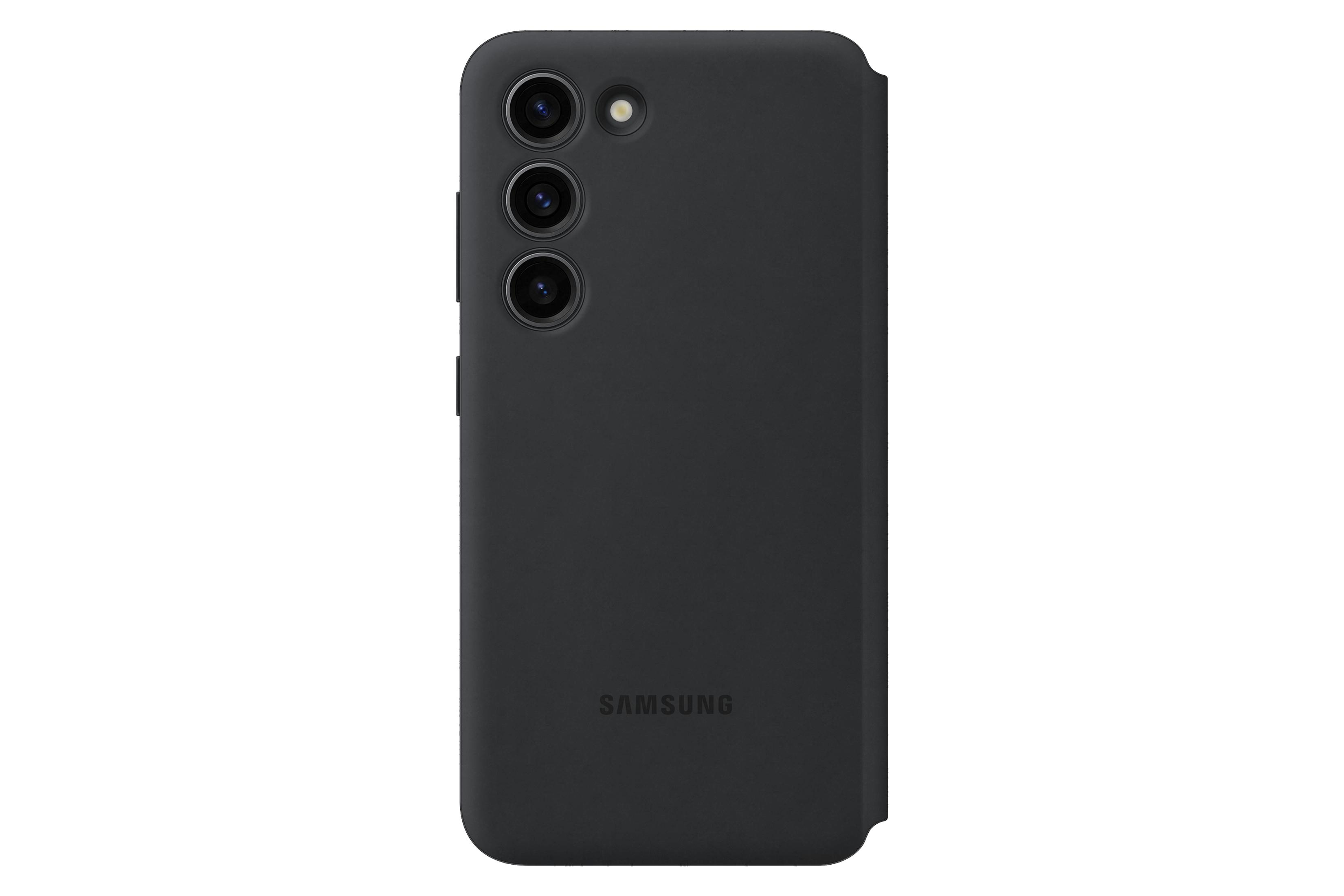 Czarny futerał na telefon Samsung. Ma trzy obiektywy aparatu i czarną osłonę.
