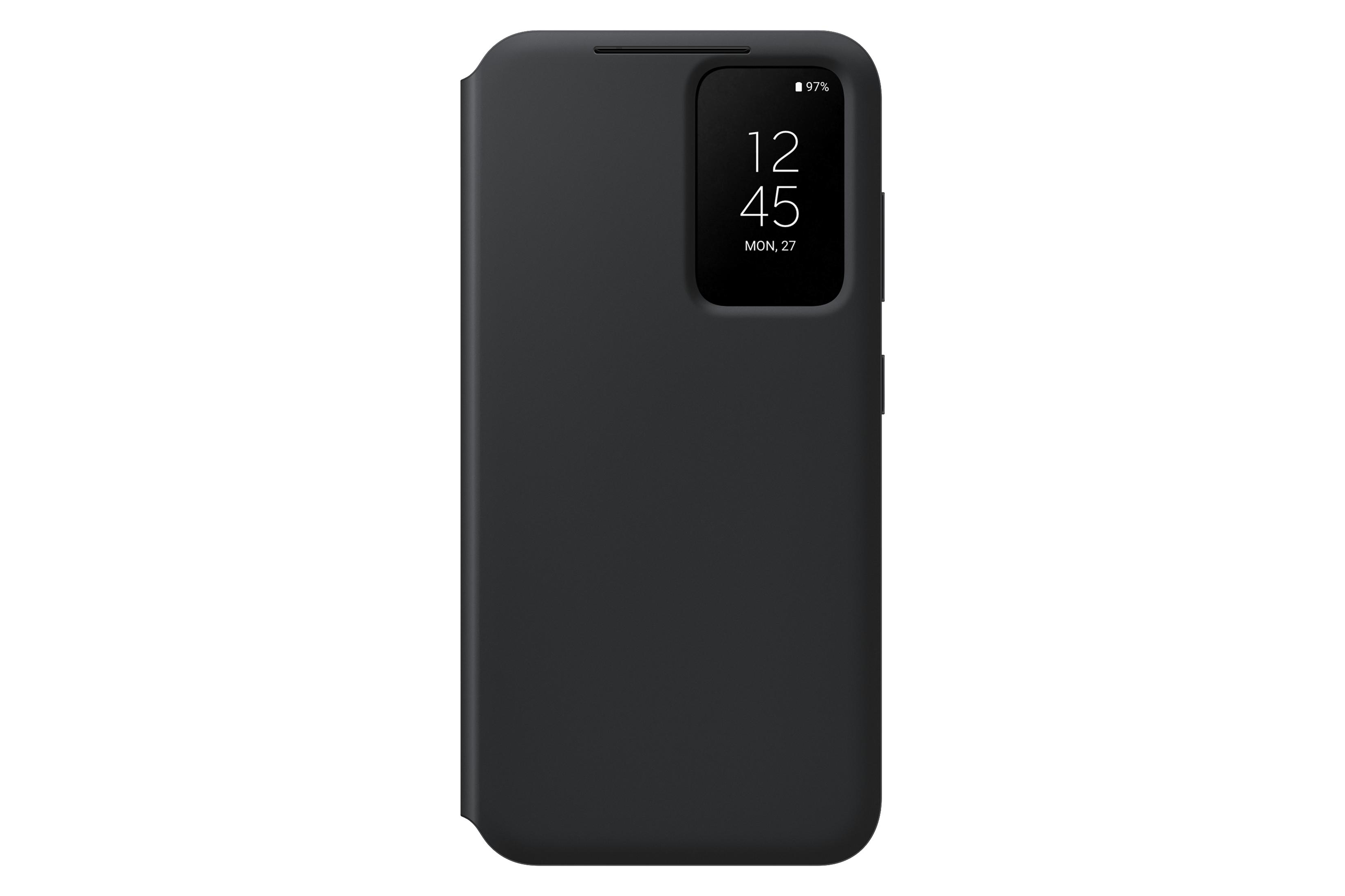 Czarne etui na telefon z ekranem pokazującym godzinę i procent baterii.