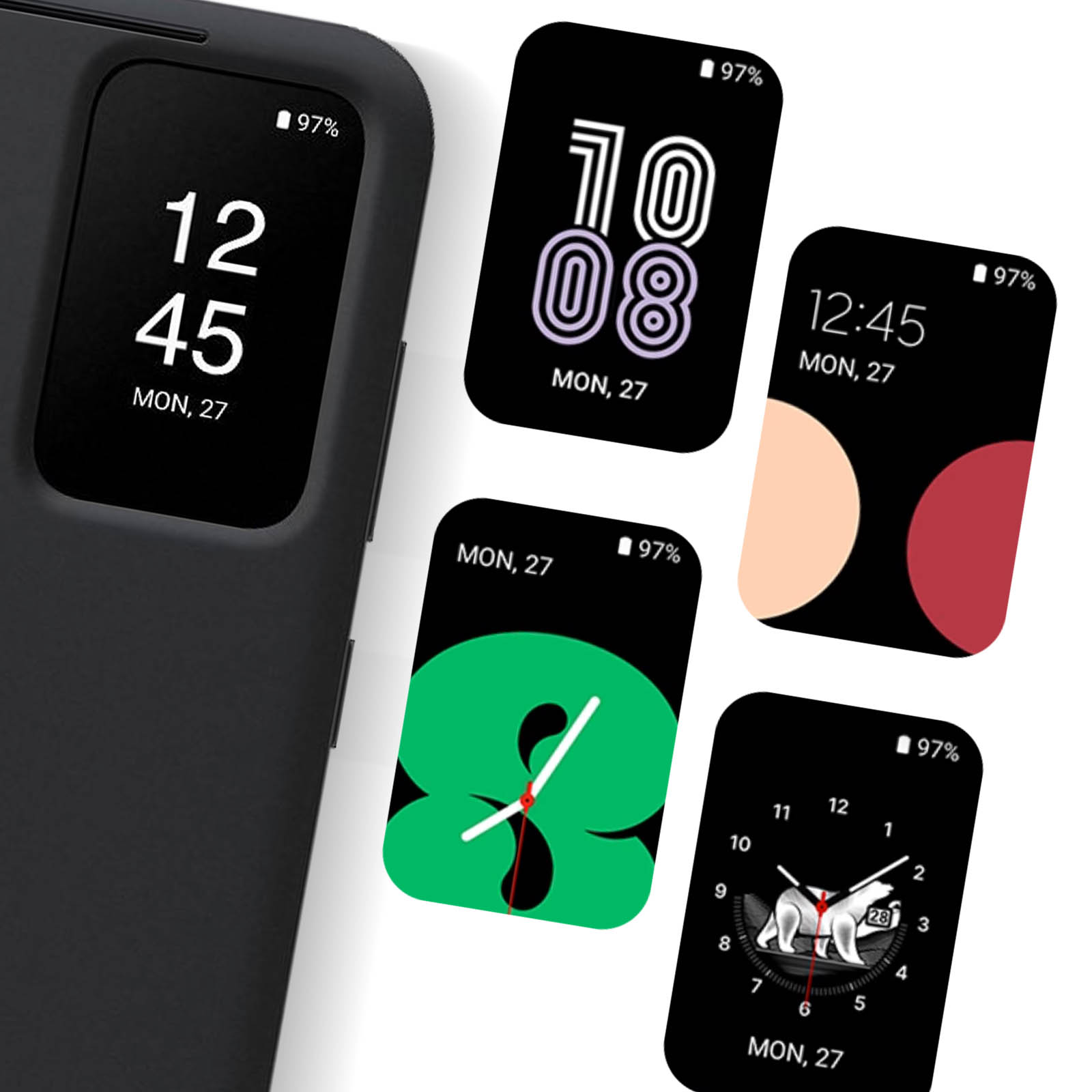 Etui na telefon z cyfrowymi tarczami zegarków wyświetlanymi na ekranie, pokazującymi godzinę i datę.