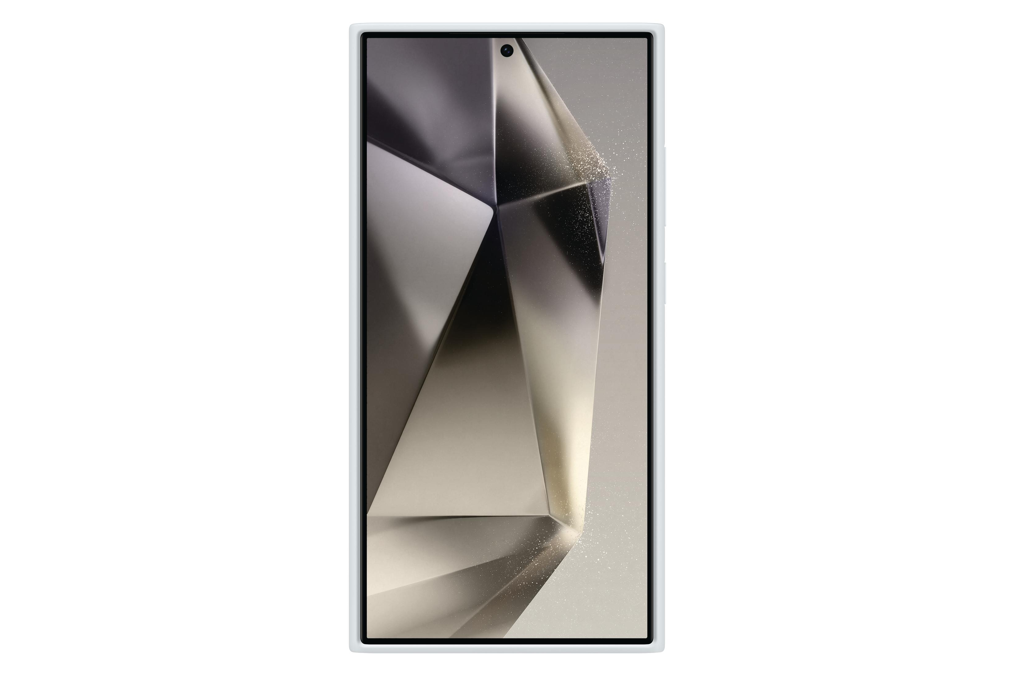 Witte smartphone met een moderne abstracte afbeelding.