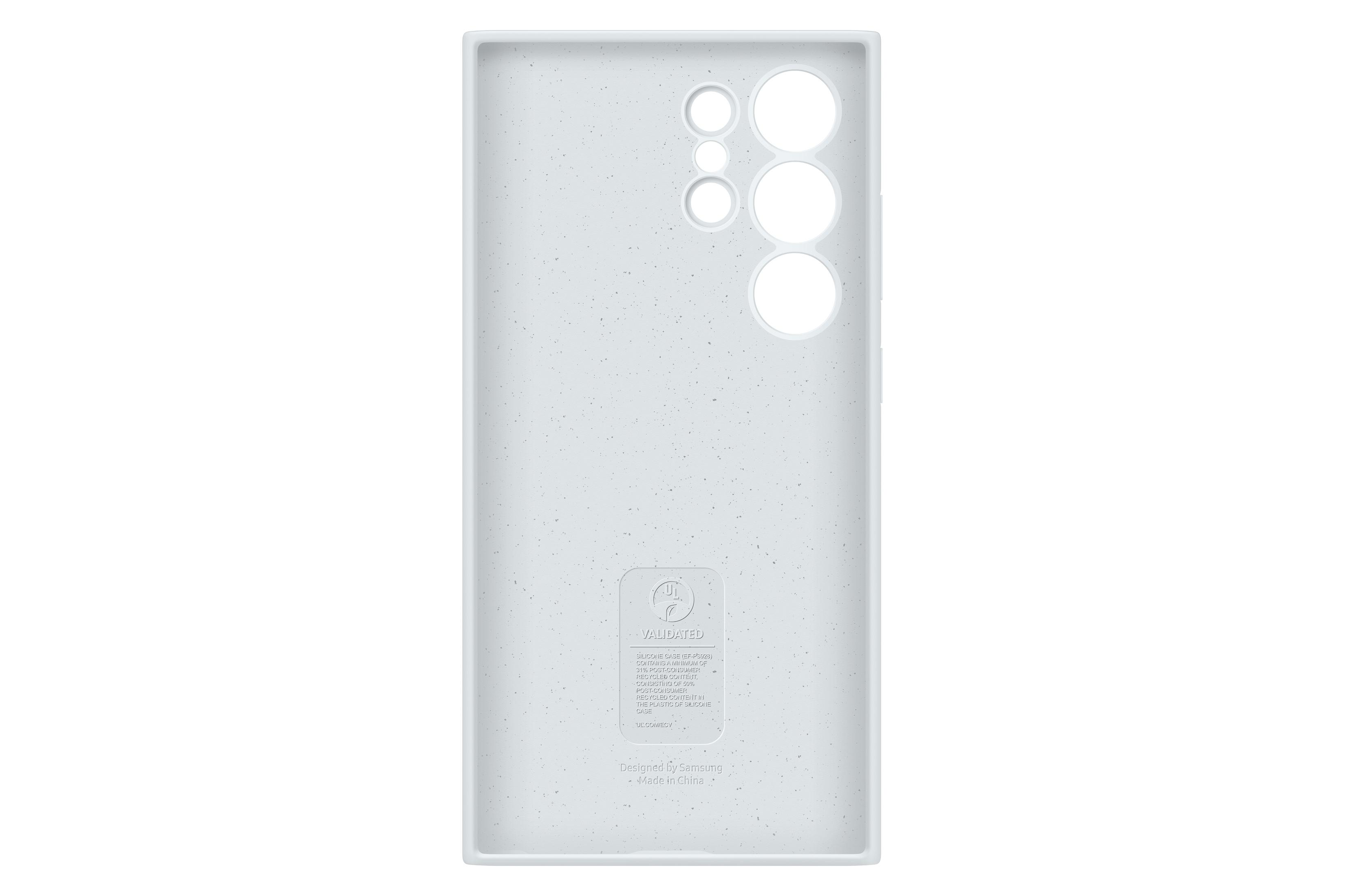 Lichtgrijze telefoonhoes met drie cameralaten en een logo.