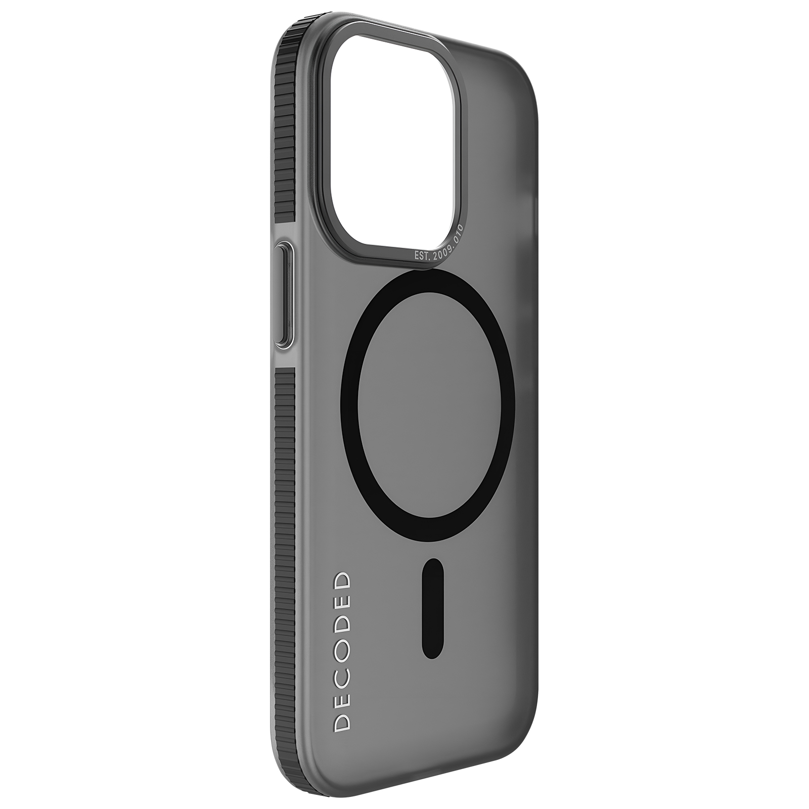 Custodia iPhone fumè con cornice nera e cerchio MagSafe, marchio DECODED, su sfondo bianco.