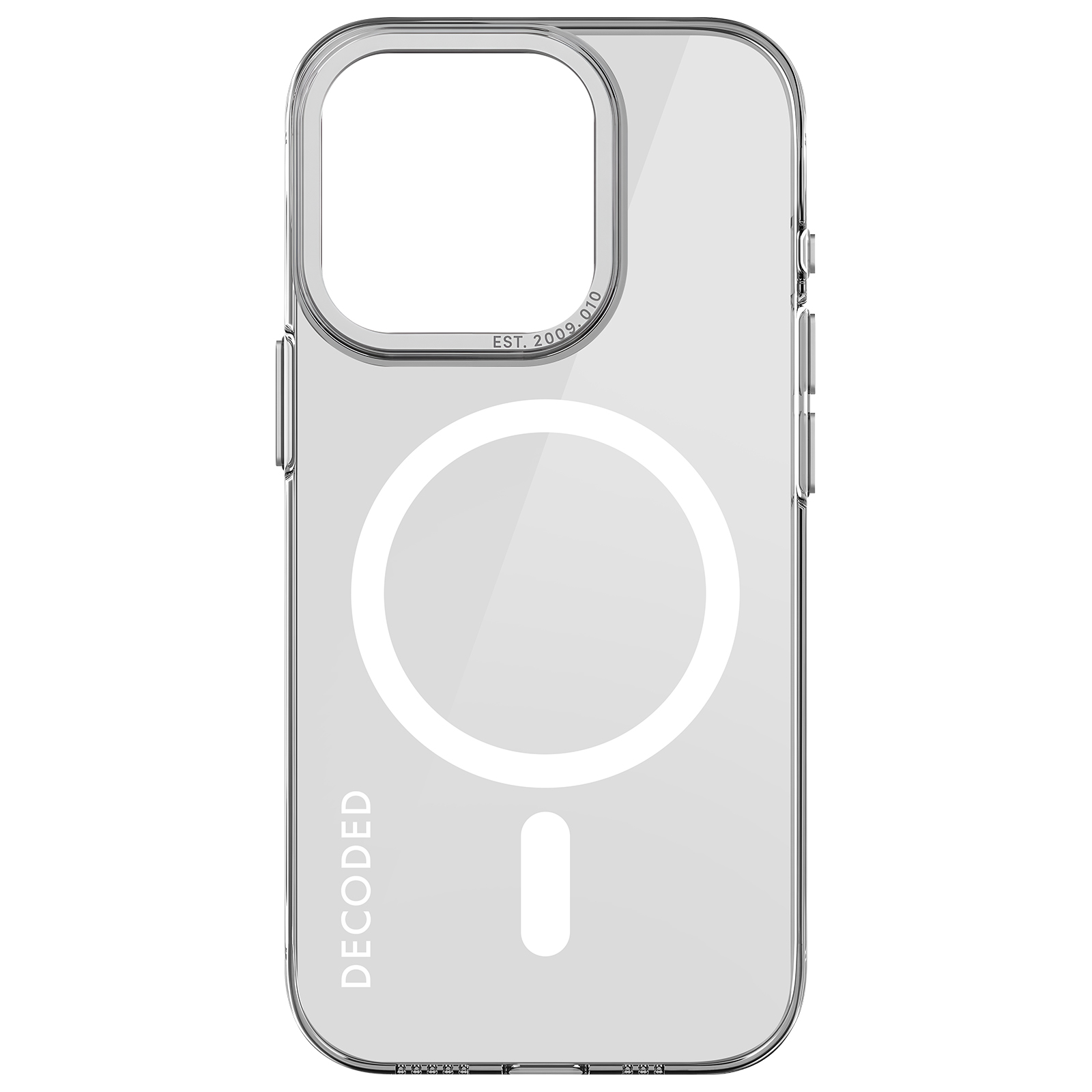 Przezroczyste etui na telefon z magnetycznym okręgiem. Etui leży na białej powierzchni z logo DECODED.