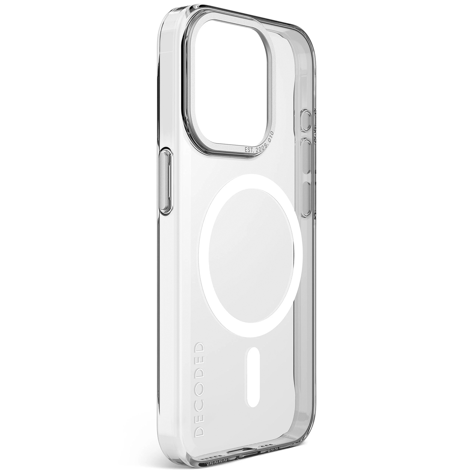 Przezroczyste etui na iPhone z okręgiem i znakiem minus. Przezroczyste tło. Marka Decoded.