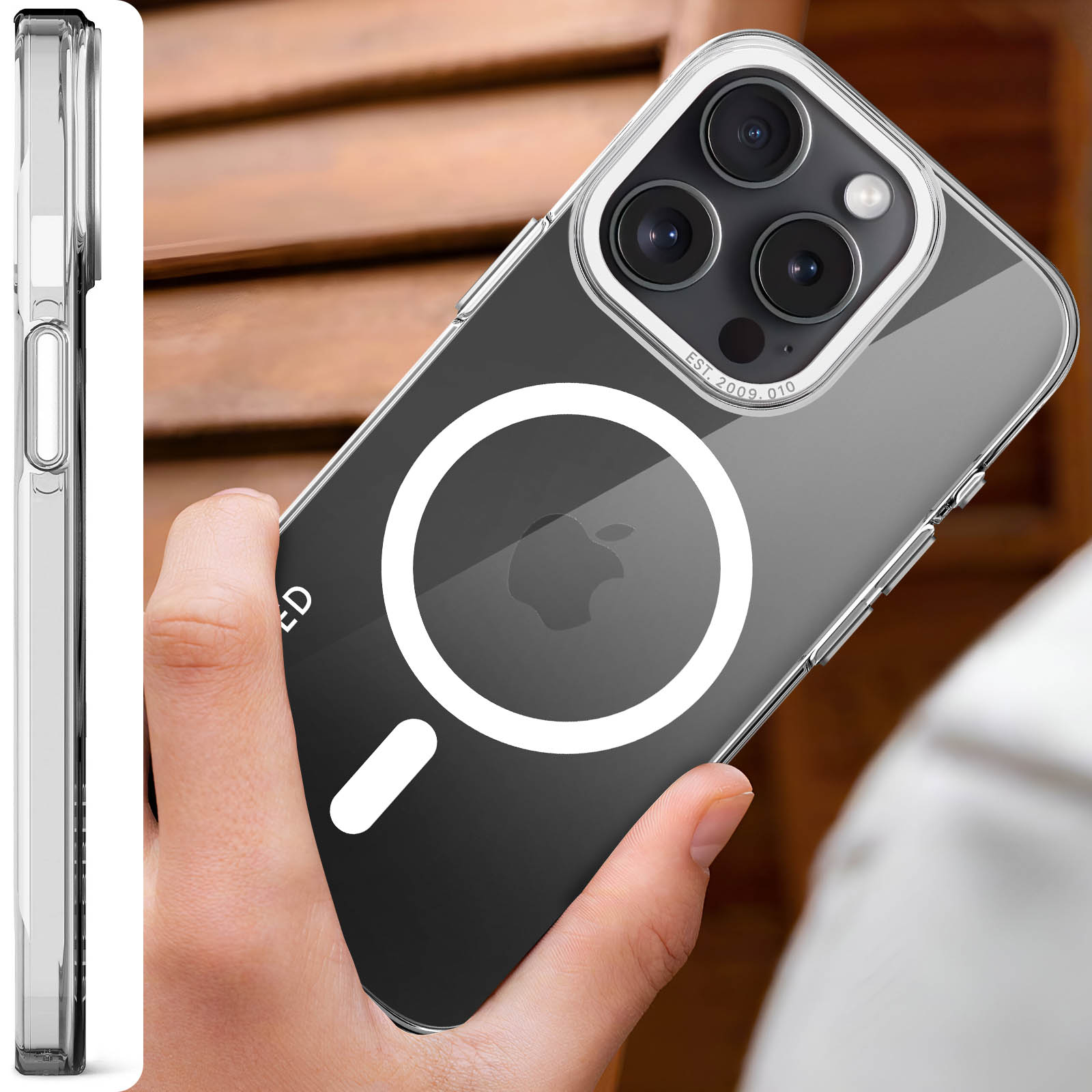 Przezroczyste etui na telefon z logo Apple i dłonią. Brązowe tło.