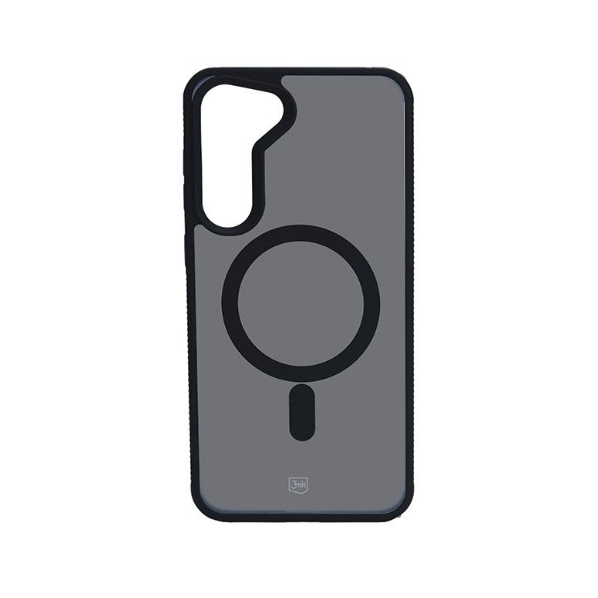 Custodia per iPhone grigio scuro con cerchio e segno meno. Sfondo grigio, marchio 3mk.