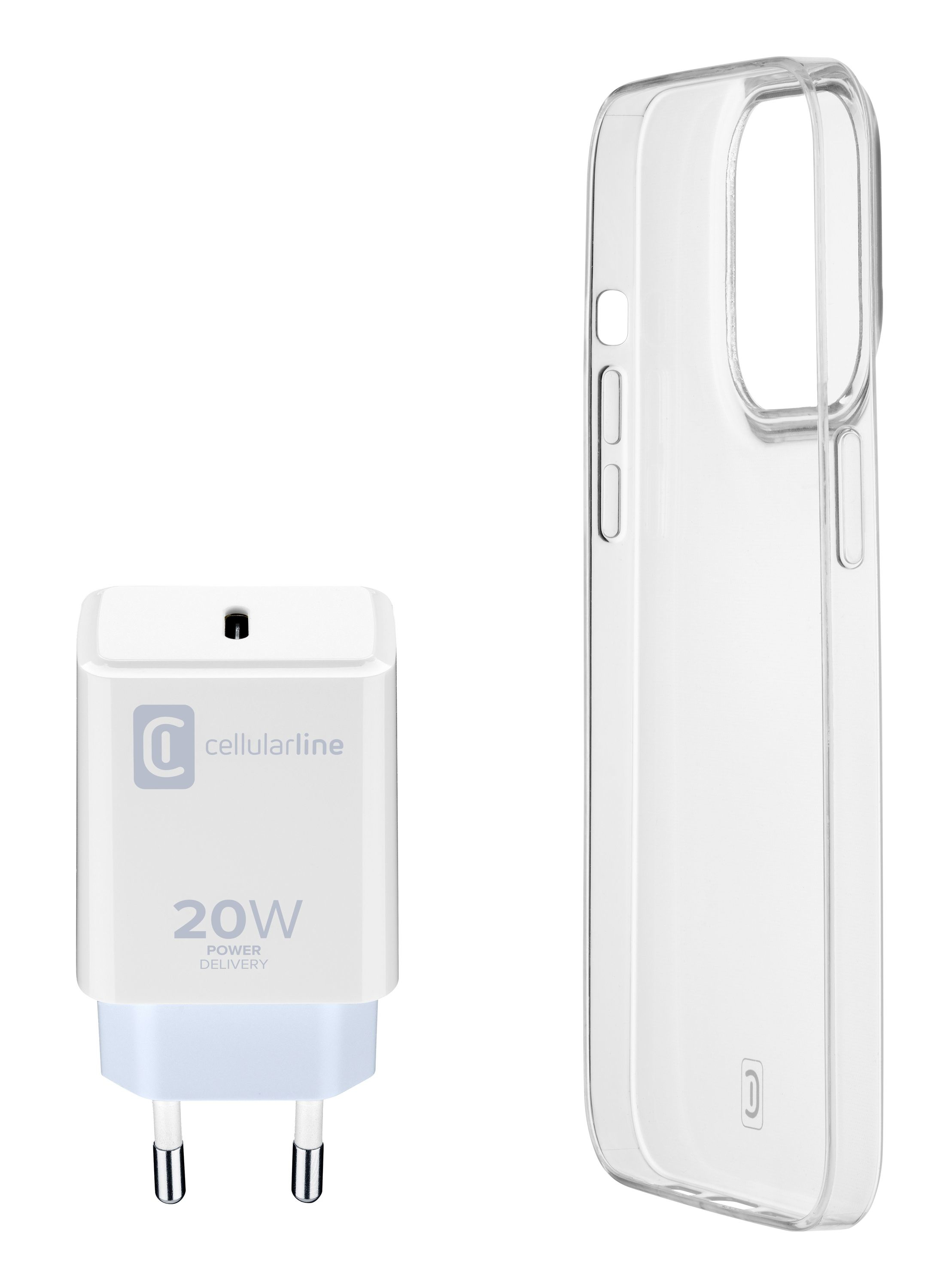 Weißes Ladegerät und transparente Handyhülle. Marke Cellularline sichtbar.