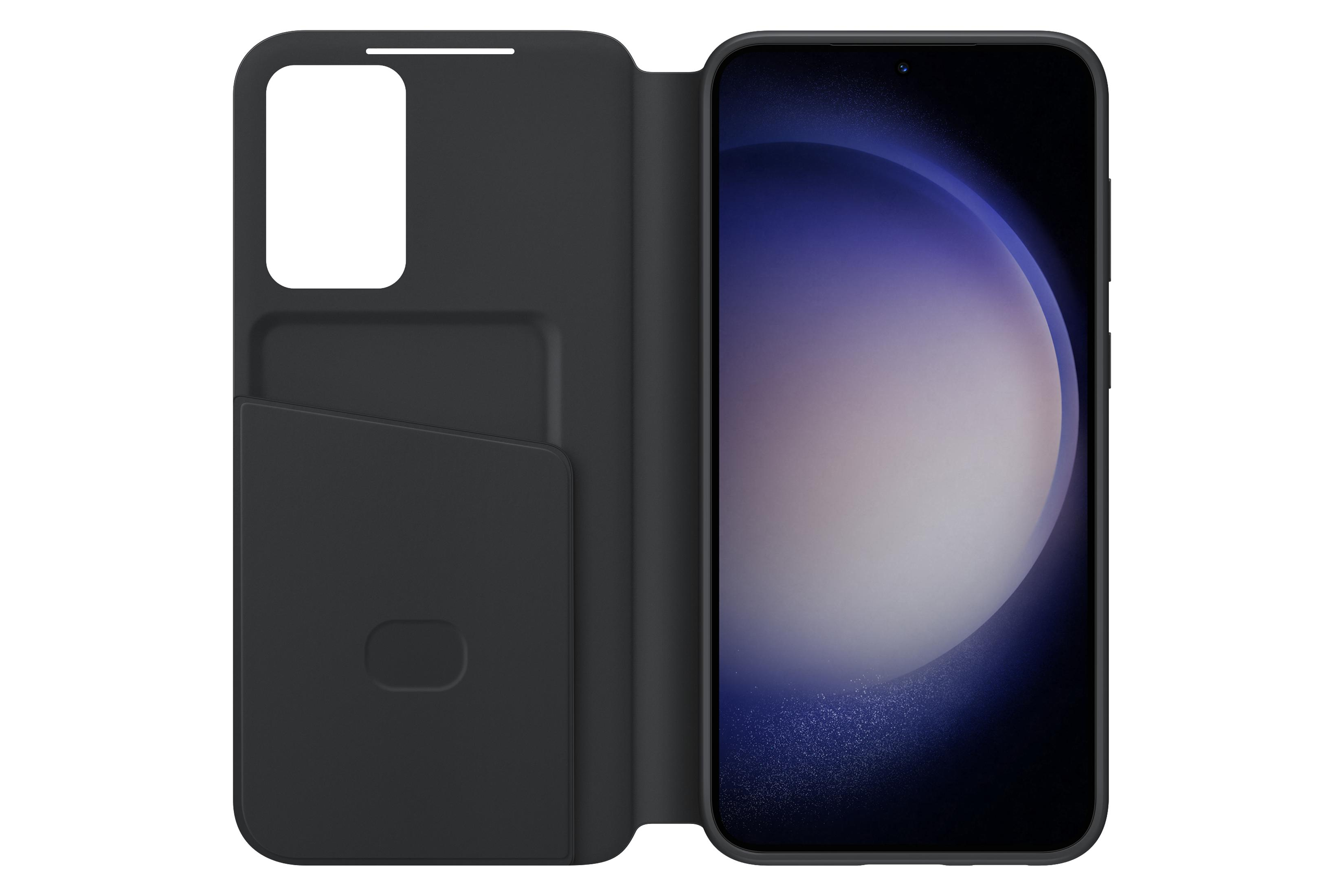 Czarny telefon w otwartym etui. Etui ma kieszeń na karty i ekran z niebieskim gradientem.