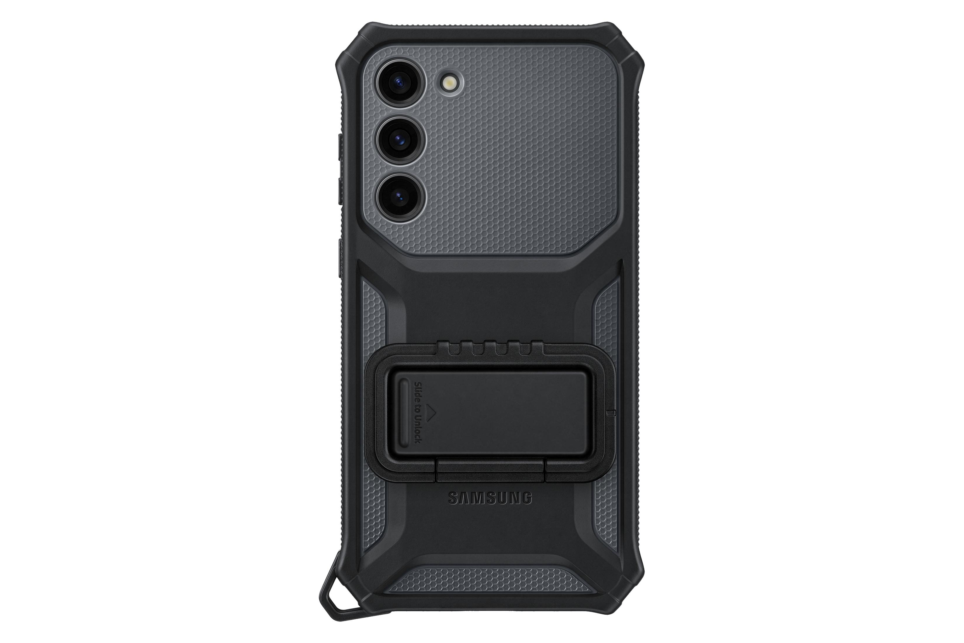 Czarny pokrowiec na telefon Samsung z podstawką, na szarej powierzchni, z logo Samsung.